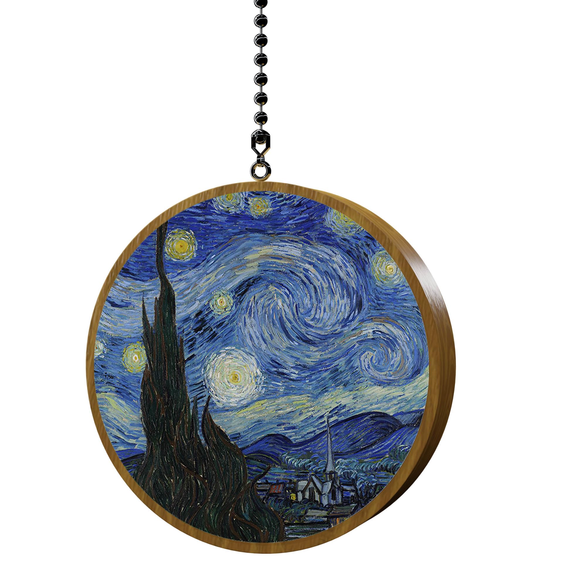 Van Gogh Starry Night Hardwood Oak Ceiling Fan Pull Chain & Light Switch - Vintage Art Decor for Home, Bedroom, Living Room, Office