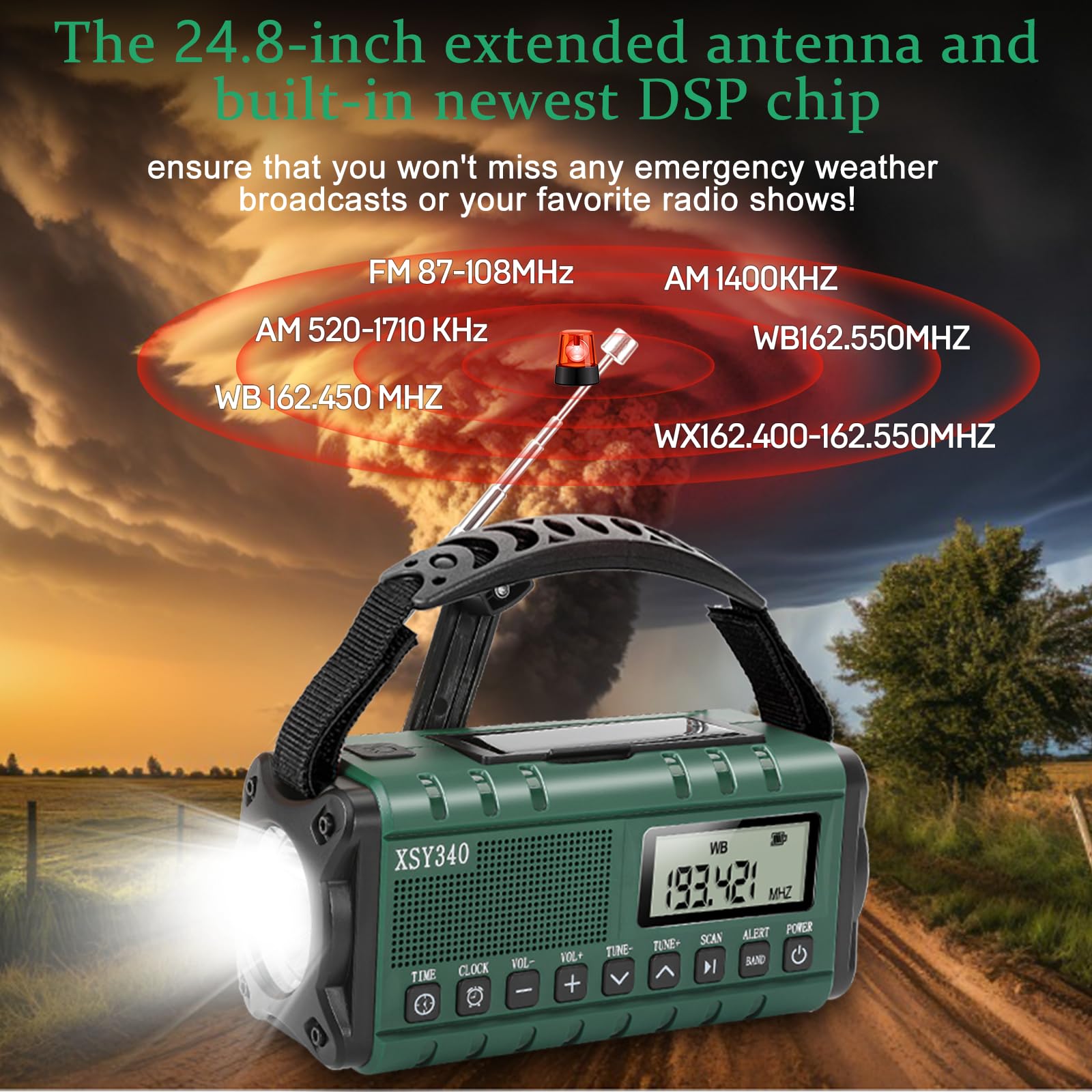 Emergency Weather Alert Radio - AM/FM/NOAA Portable Radio with Hand Crank, Solar & USB-C Charging, 10000mAh Power Bank, Battery Backup, Phone Charger, LCD Display with Clock & Alarm, 3W Flashlight & Reading Lamp, SOS Survival Kit for Camping, Hiking & Emergency Preparedness