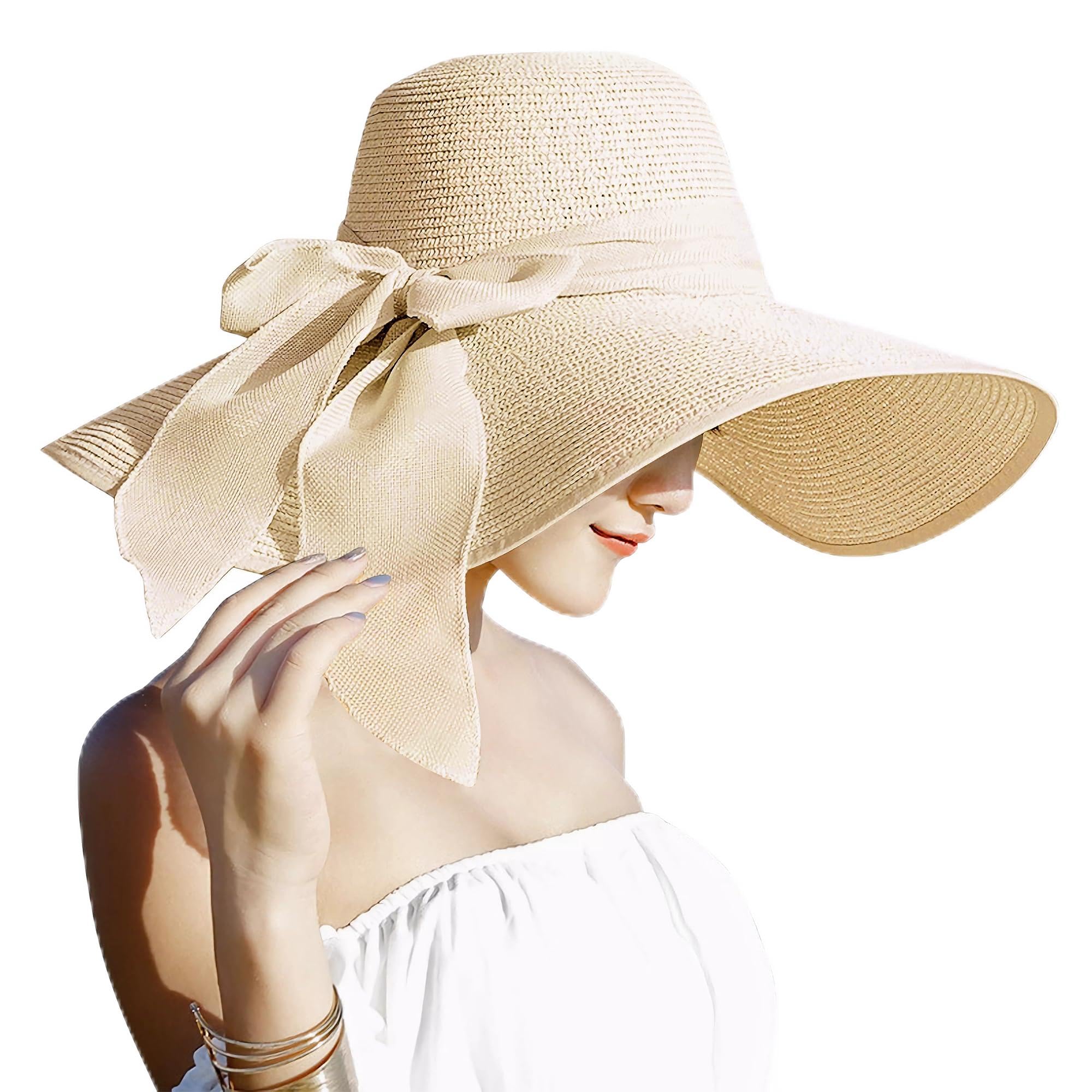 Lanzom Women's 5.5 Inch Big Bow Knot Straw Hat - UPF 50+ Wide Brim Floppy Foldable Beach Sun Hat for Summer Vacation, Pool Party, and Outdoor Activities