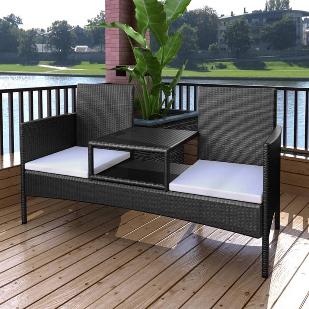 Modern Outdoor Rattan Loveseat - Patio Conversation Set with Cushions & Coffee Table - Weather-Resistant Wicker Sofa Set for Garden, Balcony & Backyard (Black)