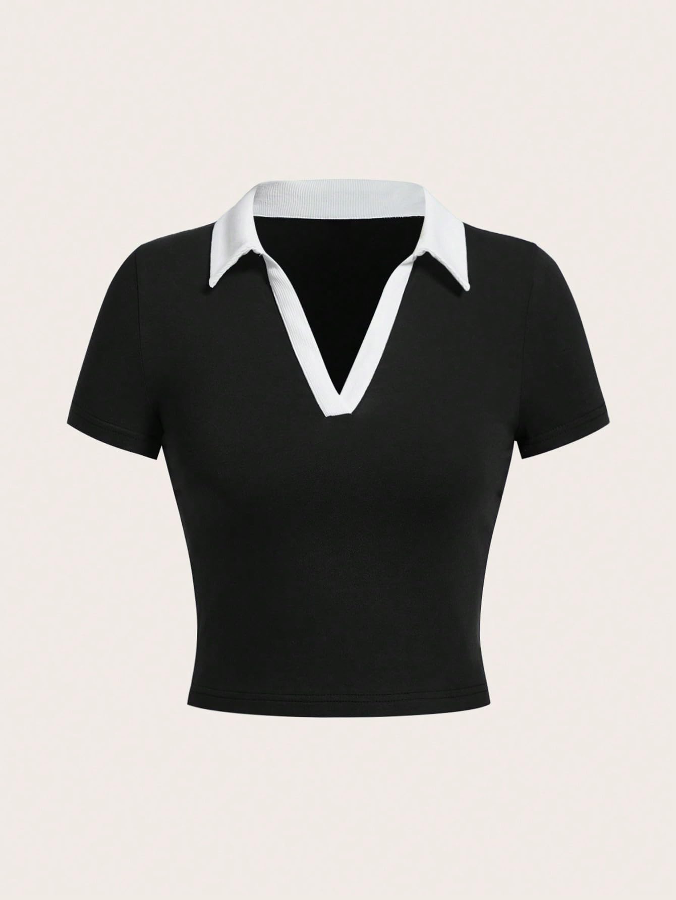 COZYEASE Women's Preppy Style V-Neck Slim Fit Crop Tee - Color Block Collared Neck Basic Top for Casual Wear, Office Outfits & Summer Fashion