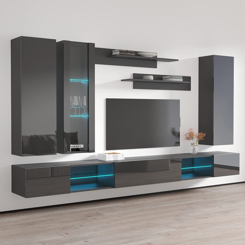 Modern Wall-Mounted TV Stand with Storage Shelves & LED Lights - Fly E 33 Entertainment Center Console for Living Room & Bedroom - Space-Saving Gray TV Cabinet (EF4) - Perfect for Small Apartments & Home Theater Setups