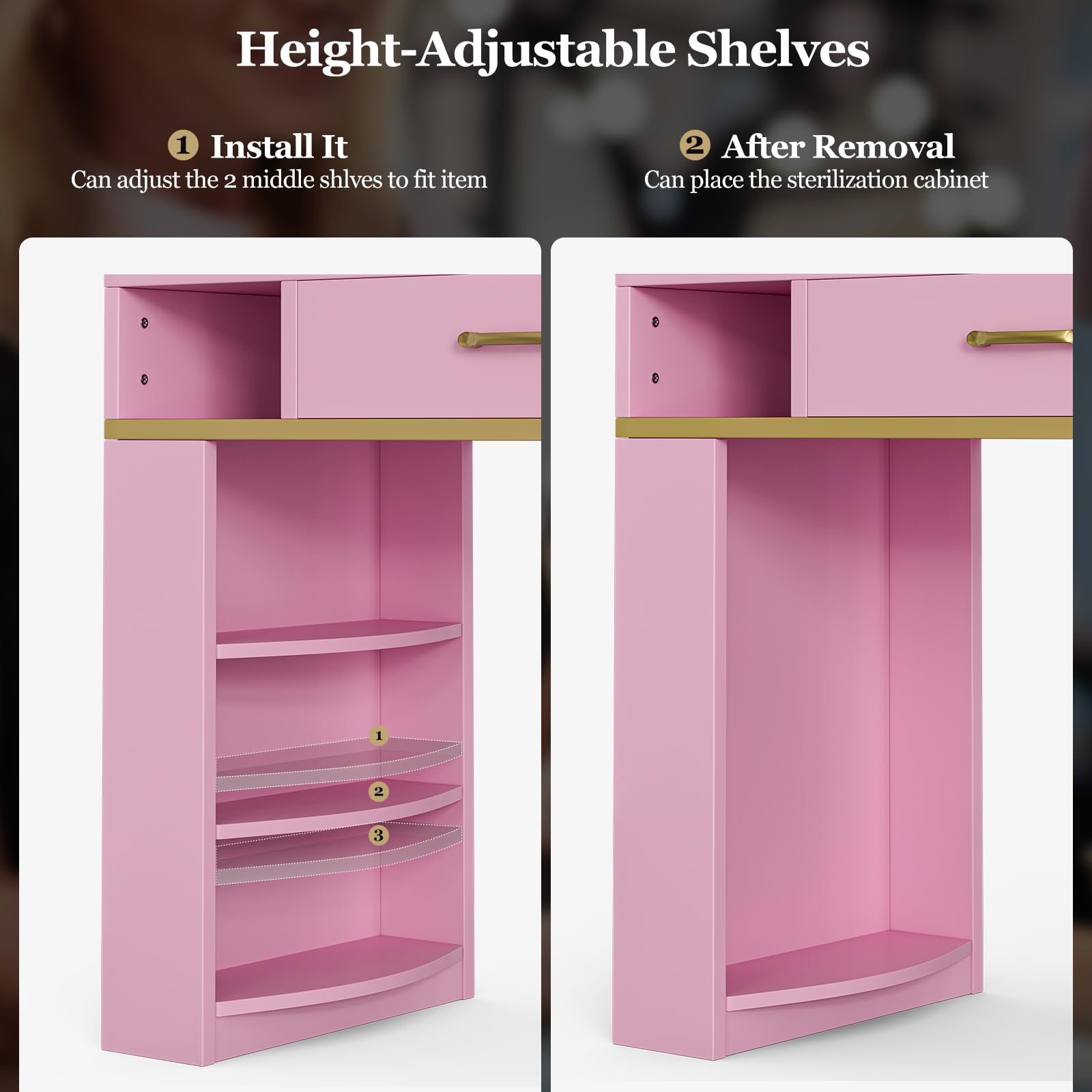 Premium Nail Salon Table with Electric Downdraft Ventilation - Paddie Glass Top Manicure Station with 3-Tier Open Shelves, Golden Handles & Drawers, Arm Rest - Perfect for Professional Nail Technicians & Home Beauty Salons (Pink)