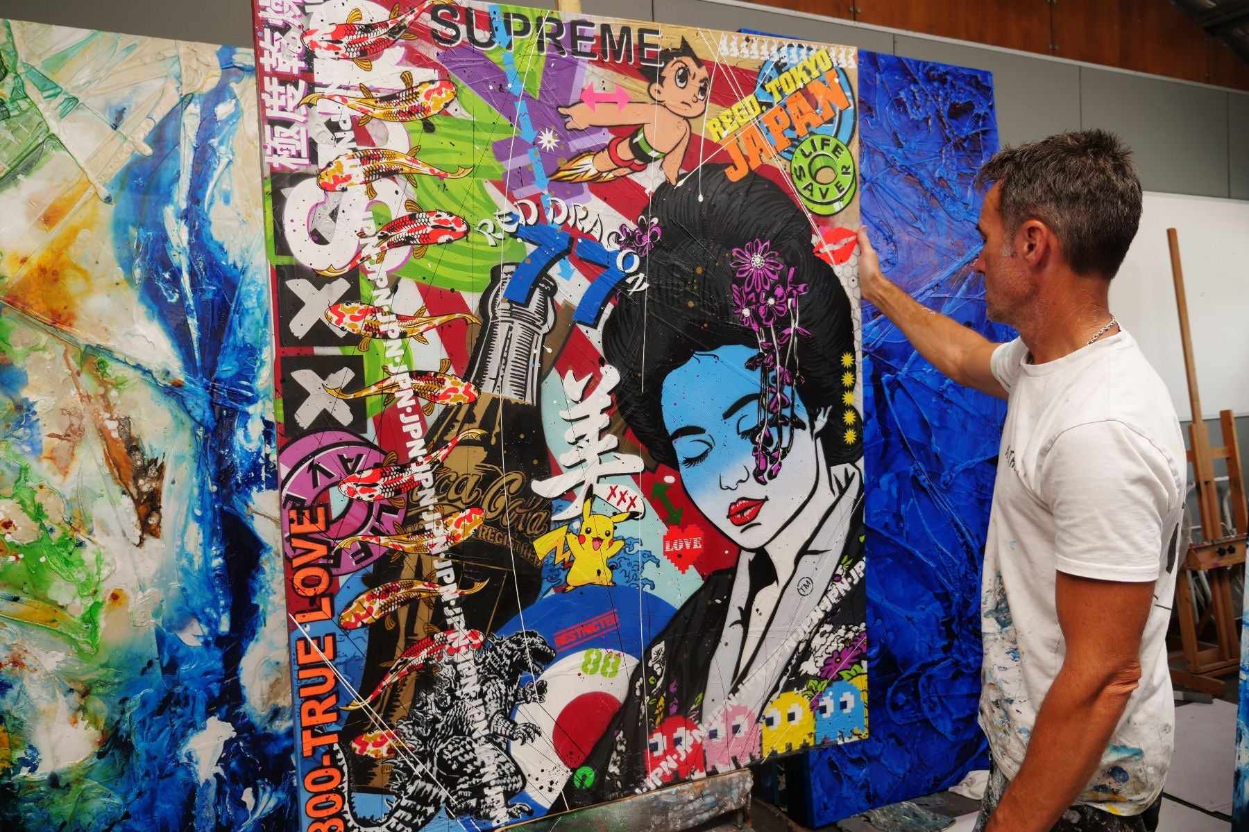 Modern Pop Geisha Wall Art - 47x59 Inch Textured Canvas Painting, Japanese Urban Pop Art Decor for Living Room & Bedroom