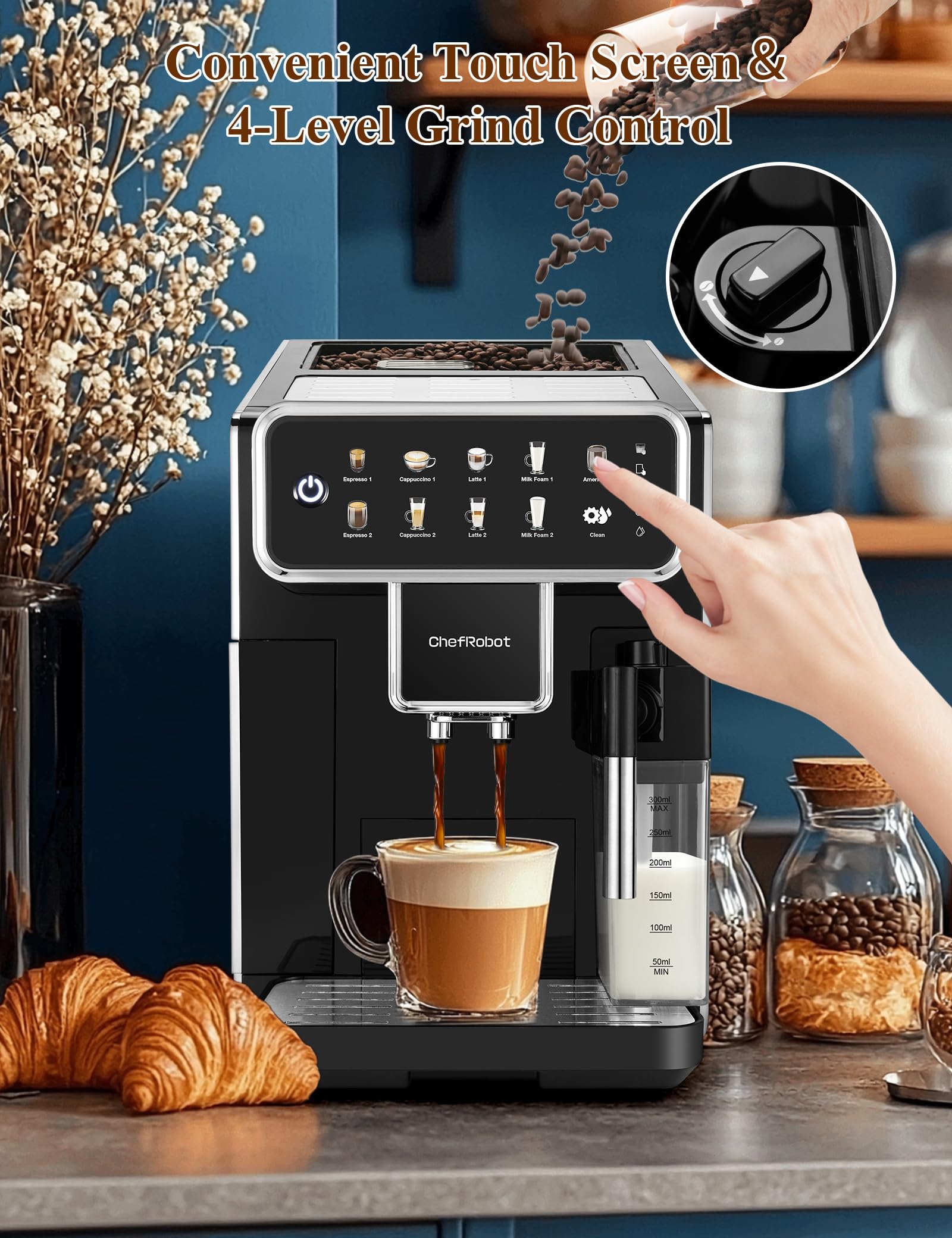 Fully Automatic Coffee Maker with Built-in 3-Level Grinder - Espresso, Cappuccino, Latte & Americano Machine - Self-Cleaning 12-Cup Coffee Brewer for Home, Office & Restaurant Use