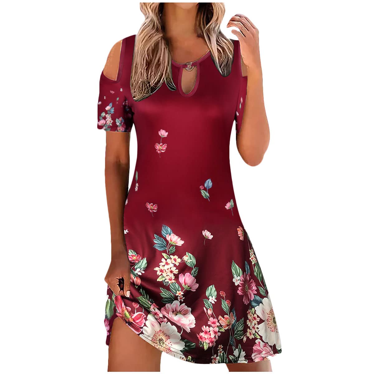 Neoucdy Women's Summer Floral Print Cold Shoulder Hollow Neckline Short Sleeve Dress - Perfect for Beach Vacations, Date Nights & Summer Parties