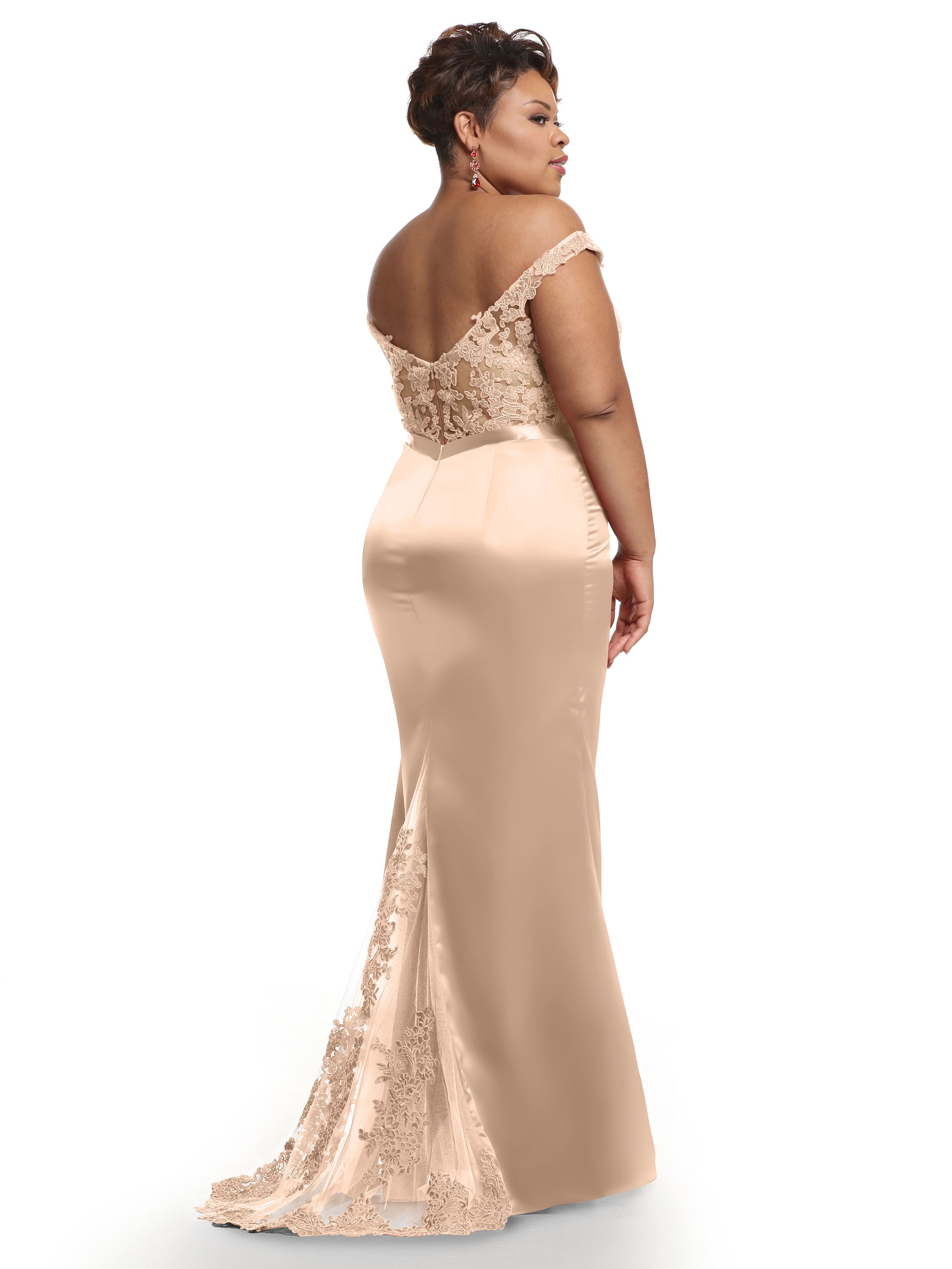 Elegant 80104 Satin Off-The-Shoulder Bridesmaid Dress with Lace Bodice & Waist Sash - Perfect for Weddings, Proms & Formal Events