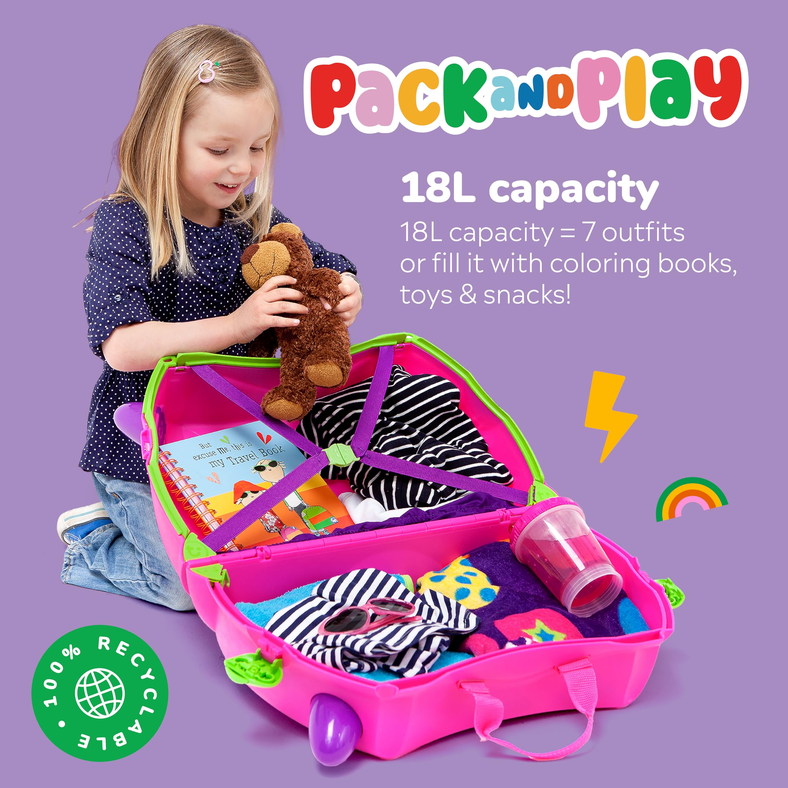 Trunki Ride-On Kids Suitcase - Tow-Along Toddler Luggage with Wheels | Cute Carry-On Travel Bag for Girls | Airplane Essentials & Kids Travel Accessories | Perfect for Family Trips & Airports (Trixie Girl Pink)