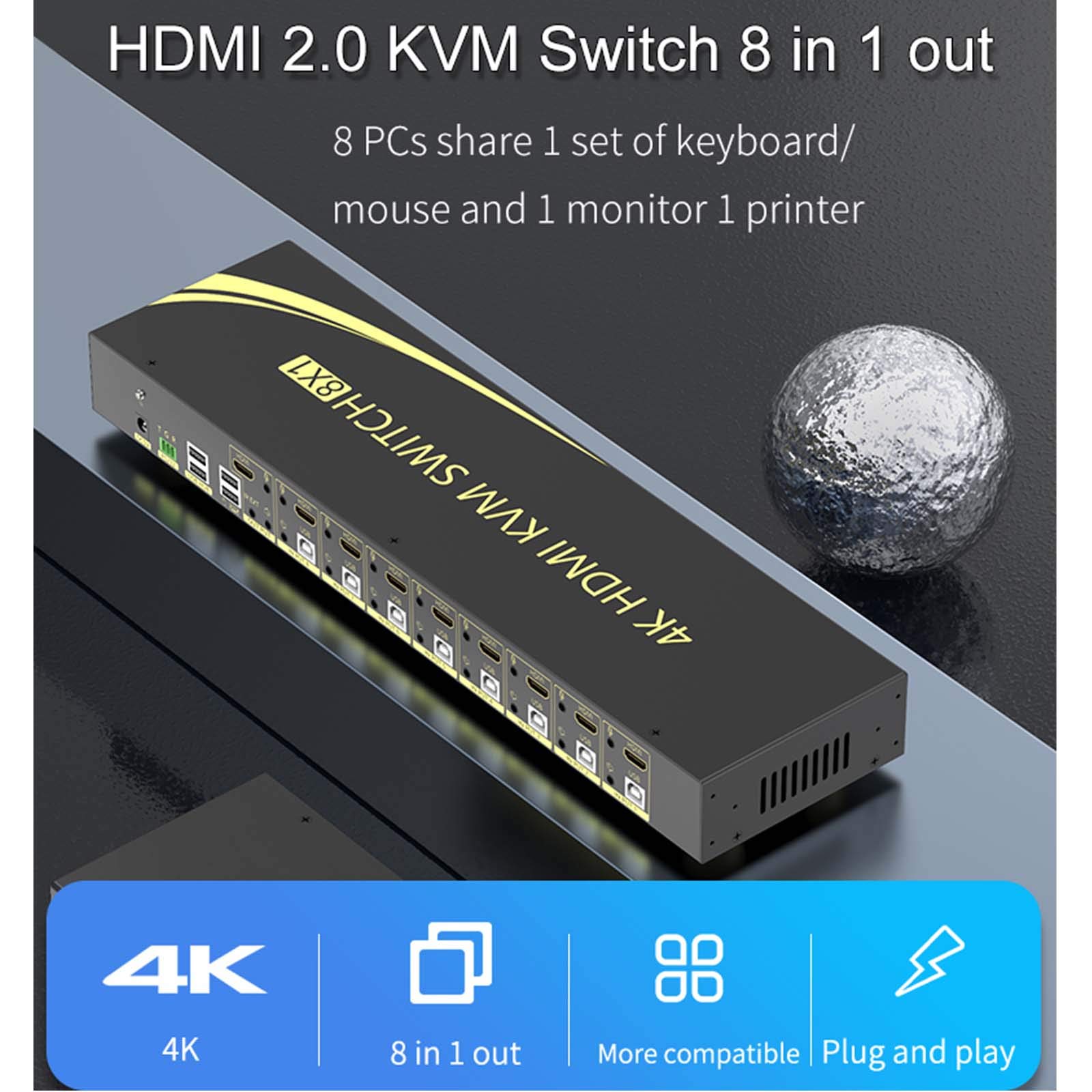 Huasion 8 Port HDMI KVM Switch v2.0 - 4K@60Hz 4:4:4 1080p 3D Support, Hotkey Switching | 8-in-1 Out for Sharing Keyboard & Mouse Among 8 PCs | Perfect for Home Office, Gaming Setup & Multi-Computer Workstations