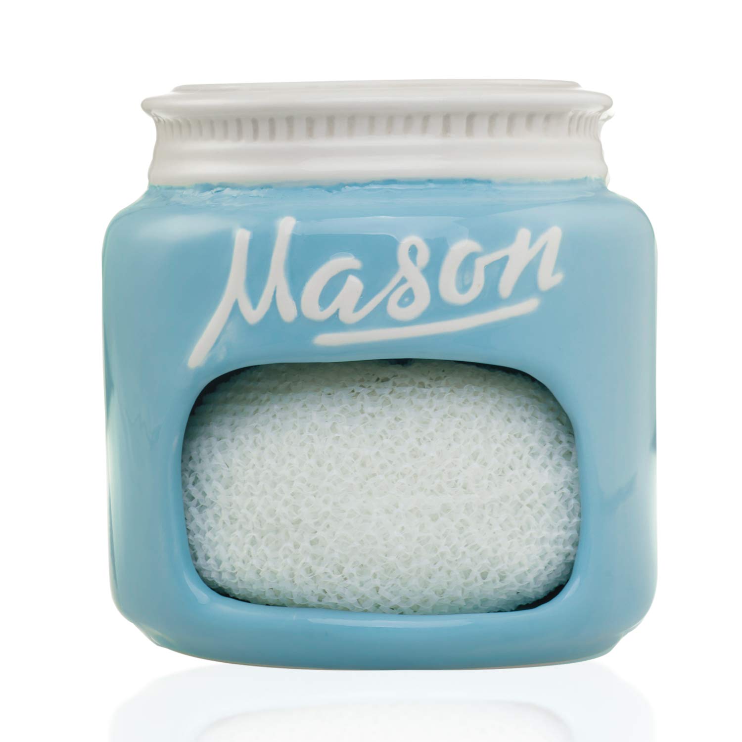 Blue Ceramic Mason Jar Sponge Holder – Farmhouse Kitchen Decor & Sink Organizer | Vintage Sponge Caddy for Rustic, Cute Kitchen Accessories | Perfect for Dishwashing, Countertop Storage & Home Decor (Blue)