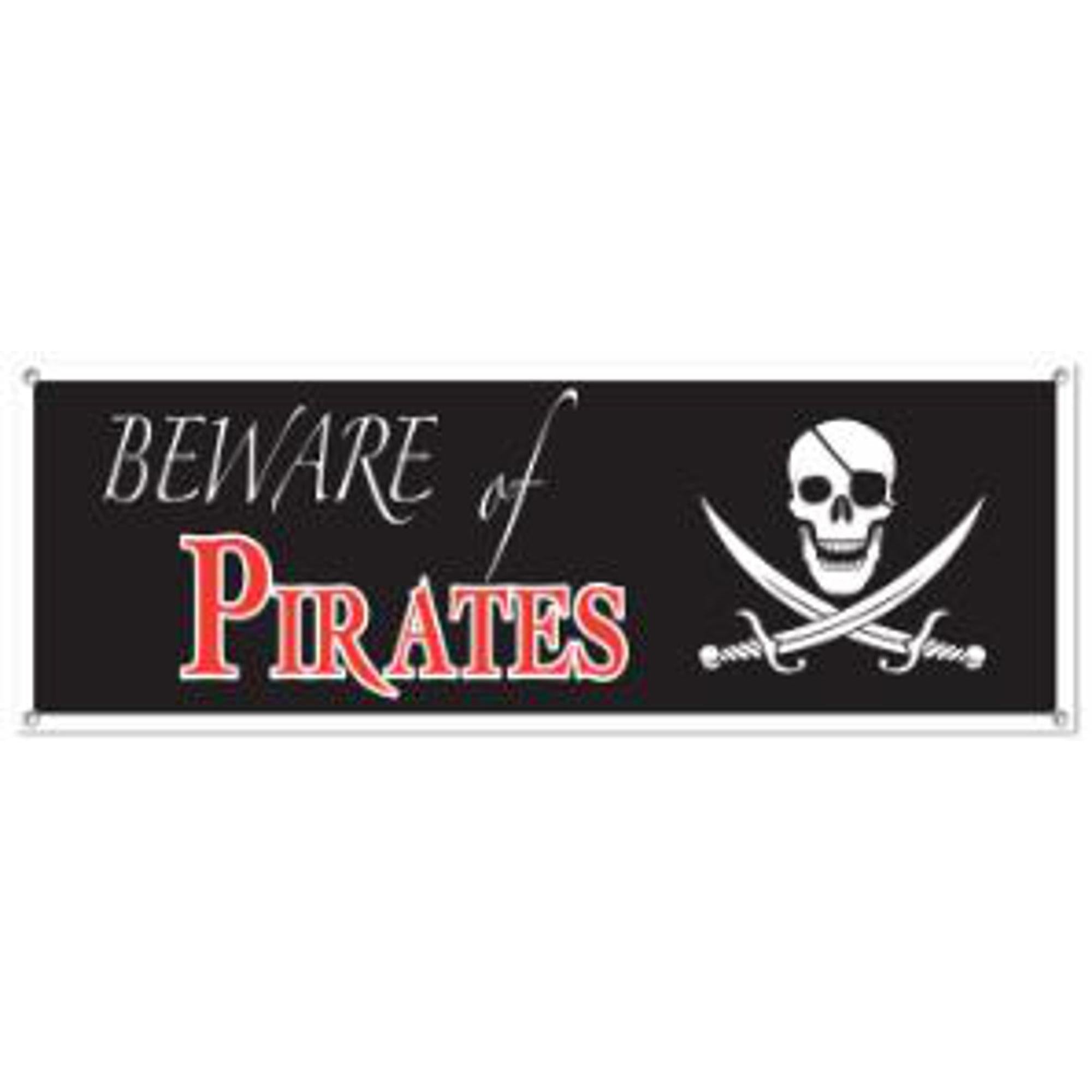 Beware Of Pirates Flag - 5' x 21' Large Jolly Roger Banner for Halloween Decor, Pirate Themed Parties & Nautical Events - Perfect for Outdoor & Indoor Use