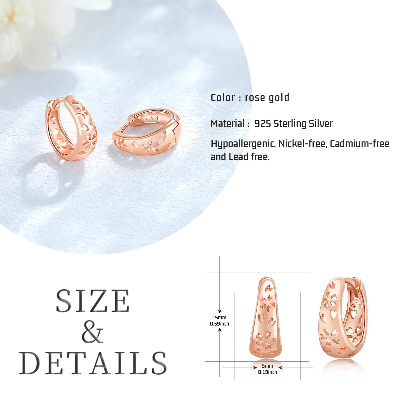 TwoOwl 925 Sterling Silver Rose Gold Hoop Earrings - Lotus Flower Openwork Huggie Earrings for Women, Sakura Wide Hoops Jewelry Gift (Perfect for Mother's Day, Birthday, Anniversary & Everyday Wear)