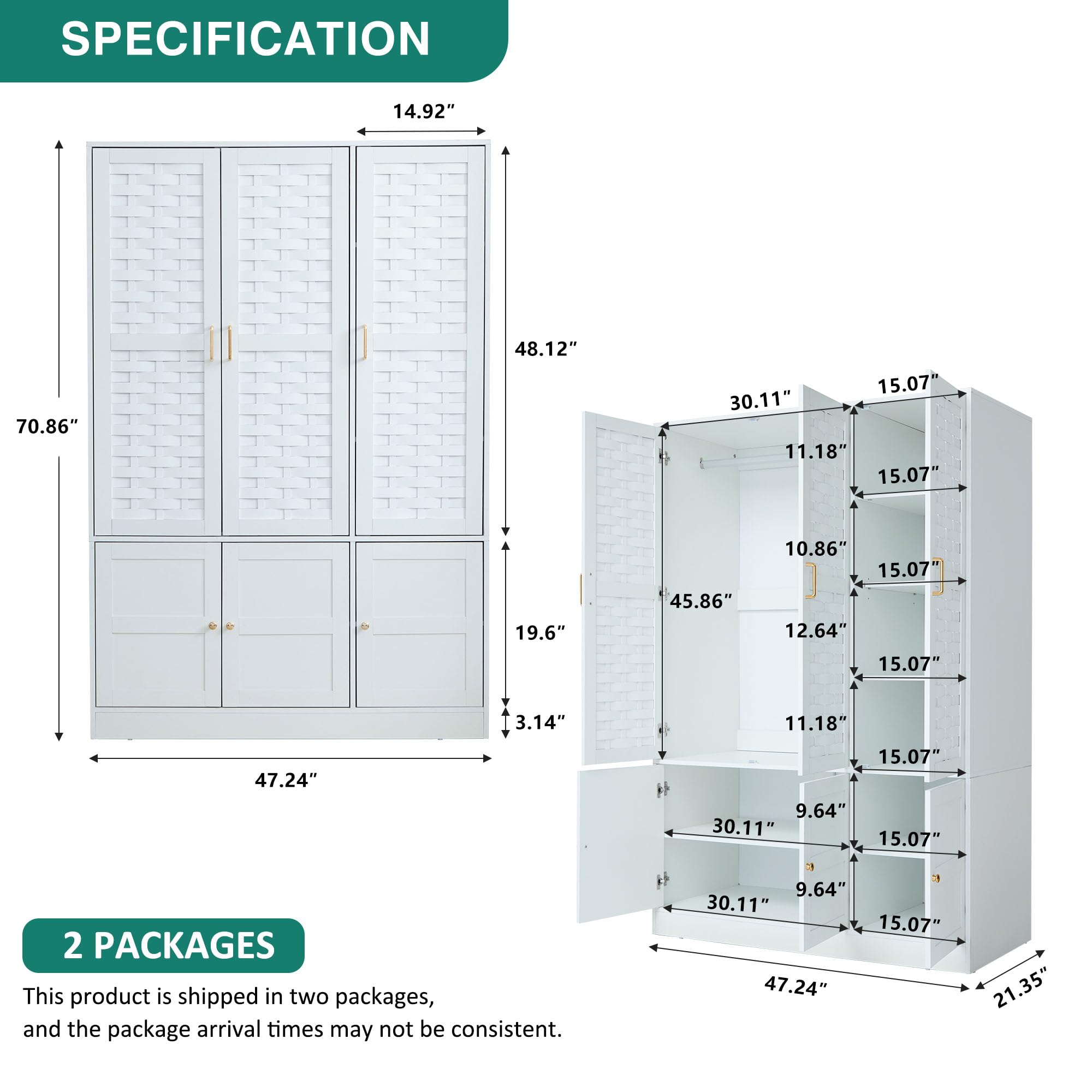 LEVNARY 6-Door Woven Wardrobe Closet - White Freestanding Armoire Cabinet with Adjustable Shelves & Hanging Rail | High Capacity Storage Organizer for Bedroom, Closet & Dorm Room Organization