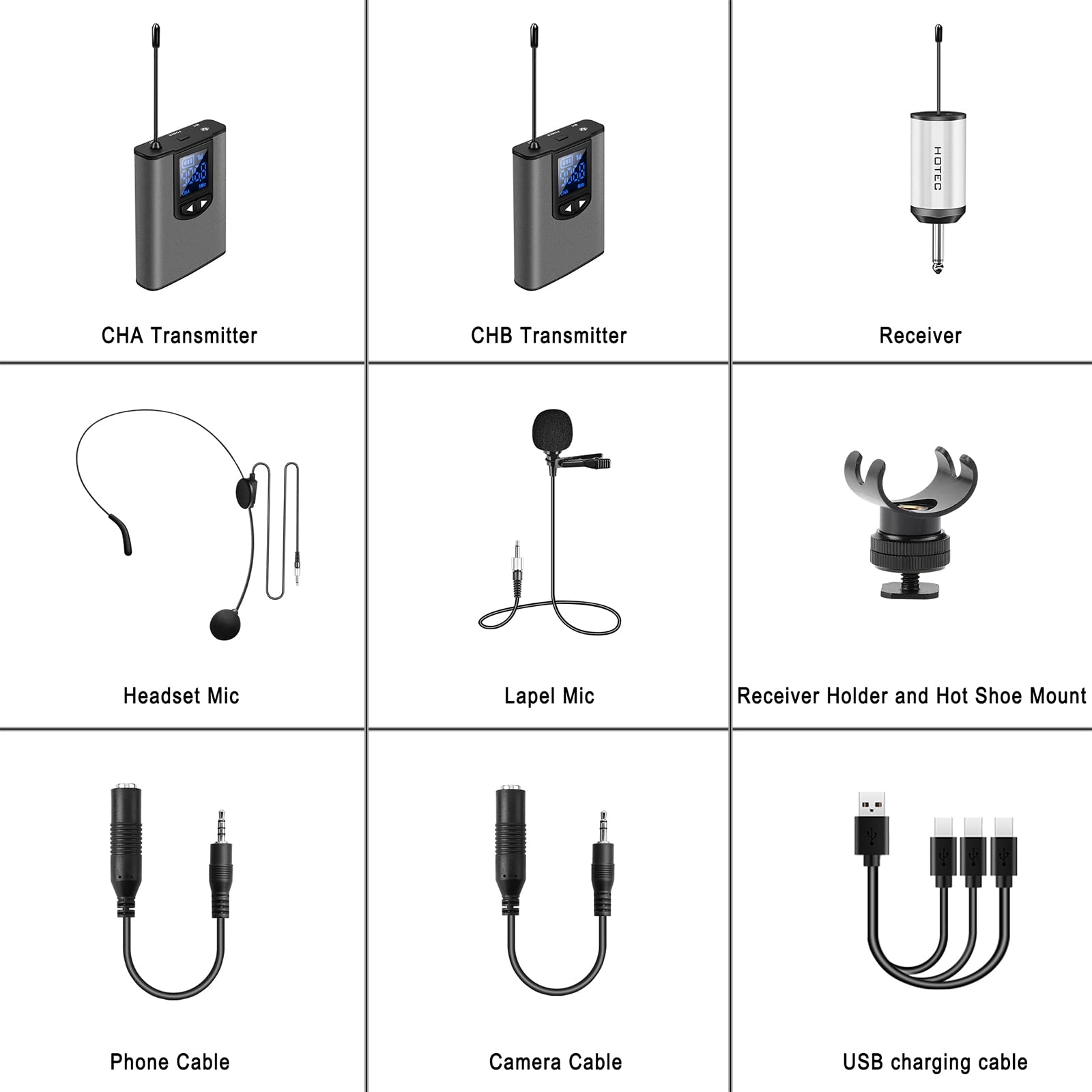 Hotec Professional Wireless Microphone System - Dual Headset & Lavalier Lapel Mics with Bodypack Transmitters & Rechargeable Mini Receiver (1/4