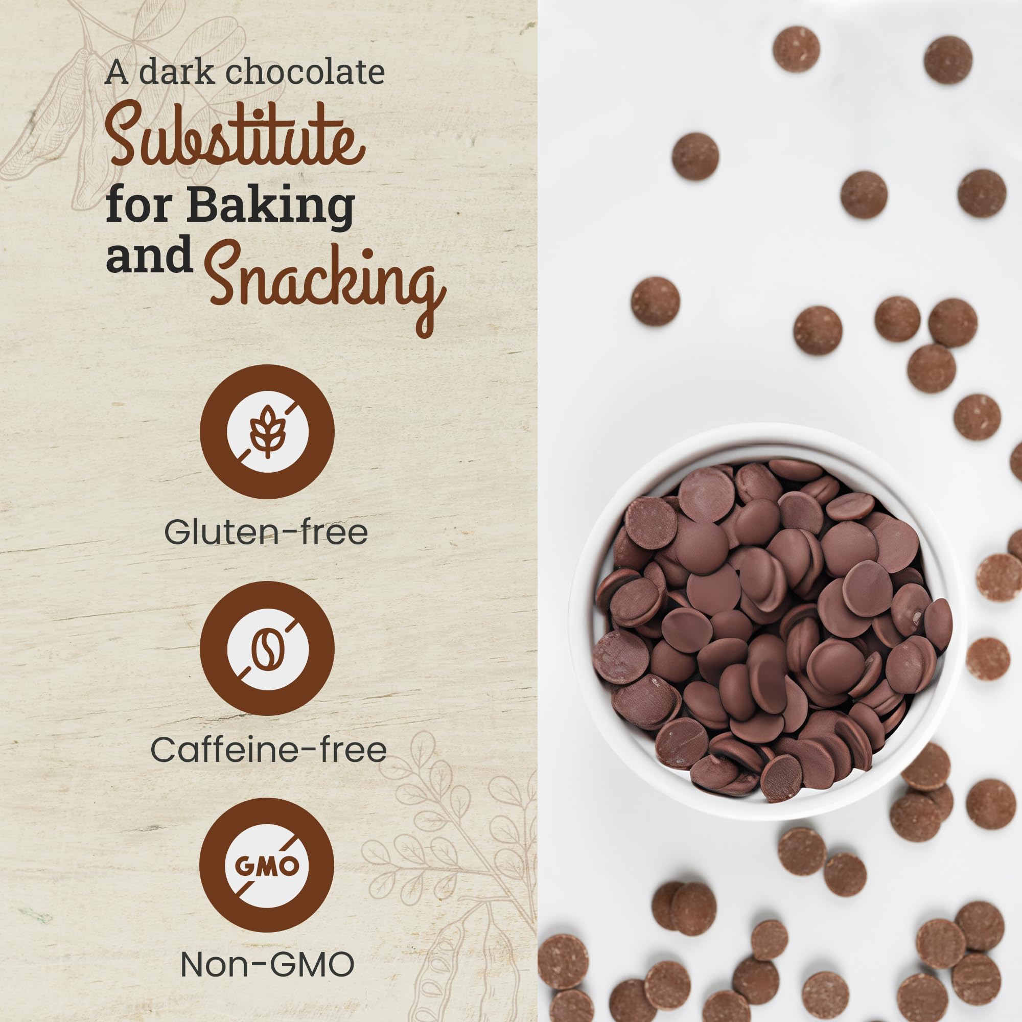 Organic Unsweetened Carob Chips 8 Oz - Vegan, Gluten-Free, Caffeine-Free Healthy Chocolate Alternative - Perfect for Baking, Snacks, Desserts & Vegan Treats