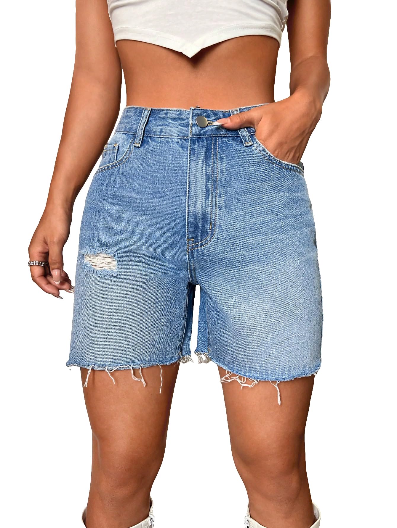 MakeMeChic Women's High Waisted Ripped Raw Hem Denim Bermuda Shorts with Pockets | Casual Summer Outfit & Beach Wear