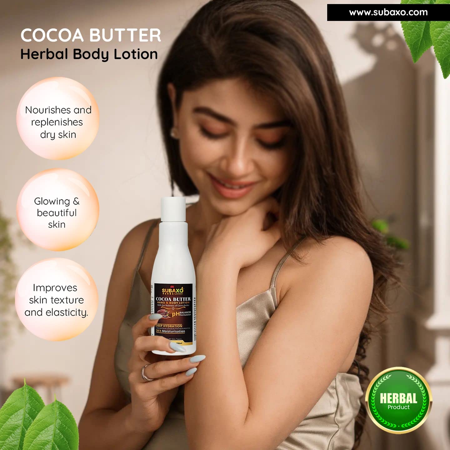 SUBAXO Cocoa Butter Herbal Body Lotion for Dry Skin - Deep Hydration Moisturizer with Natural Ingredients (200ml x 2 Pack) - Perfect for Daily Use, After Shower & Nighttime Skincare Routine