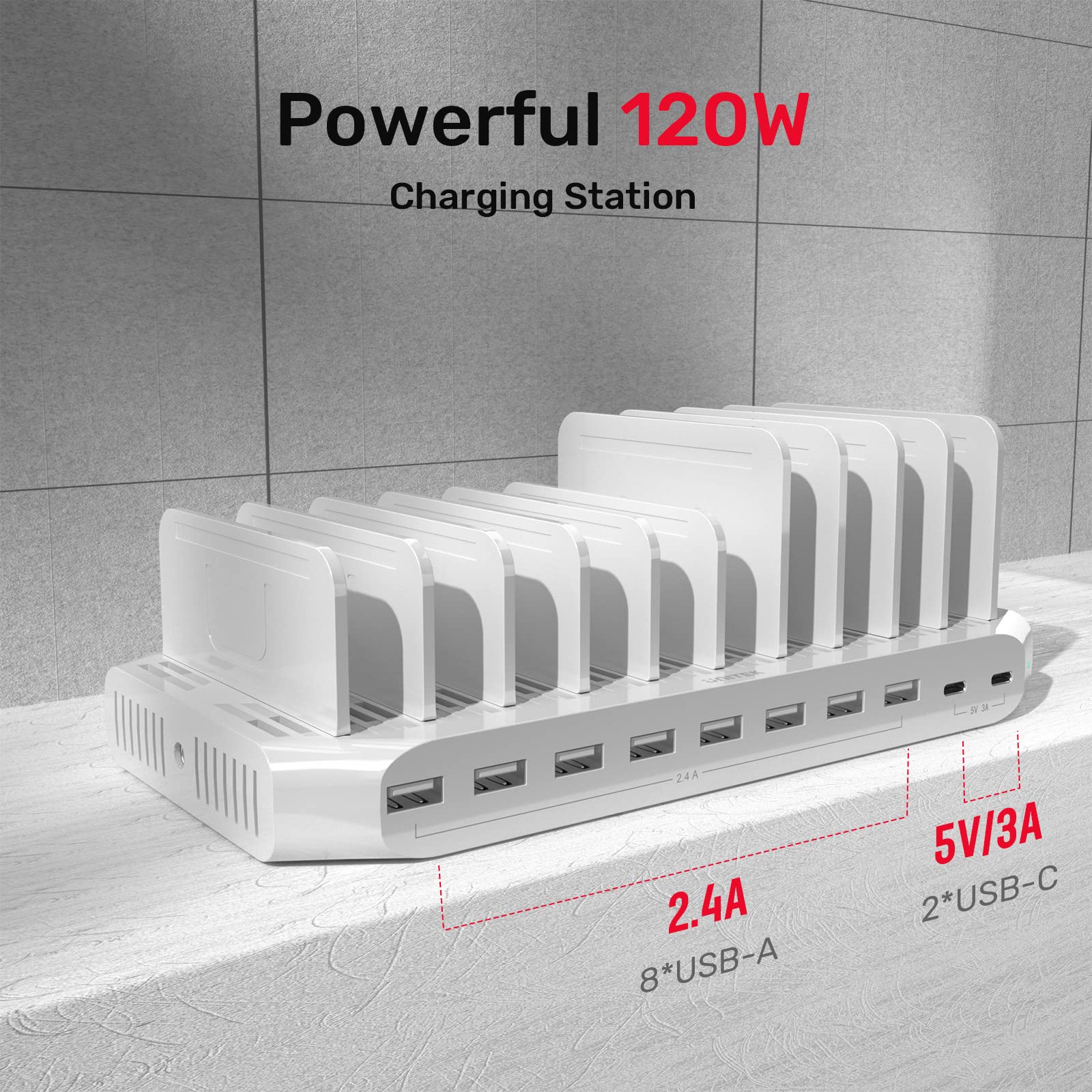 Unitek 120W 10-Port USB C Charging Station - Fast Charging for iPhone, iPad & Smartphones - Perfect for Office & Home Use