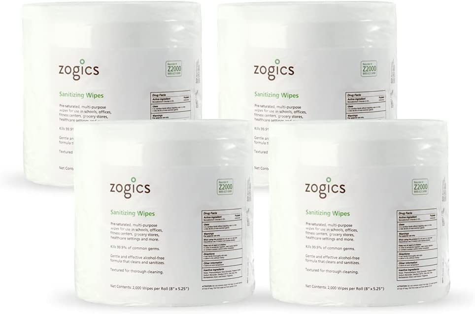 Zogics Sanitizing Wipes & Black Powder-Coated Floor Stand Dispenser with Built-in Trash Can - Bulk Cleaning Wipes for Gym, Office, School & Healthcare Facilities - Heavy Duty Sanitization Solution
