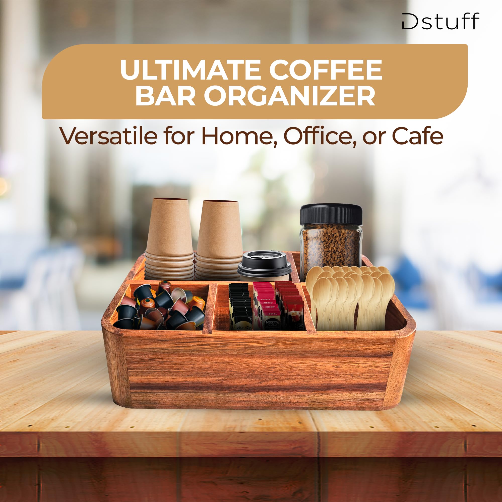 Acacia Wood Coffee Station Organizer - Countertop Coffee & Tea Bar Caddy with Holder for Coffee Accessories - Perfect for Home Kitchen & Office Decor - Ideal for Espresso Machines, Mugs, and Sugar Jars