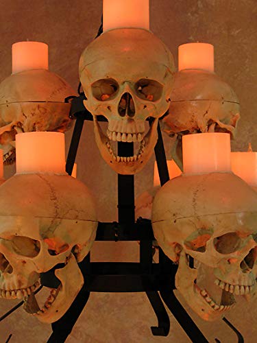 Two-Tiered Skull Metal Chandelier with 9 Skulls & Wax Candles - Gothic Home Decor for Dining Room, Living Room, or Halloween Party Lighting