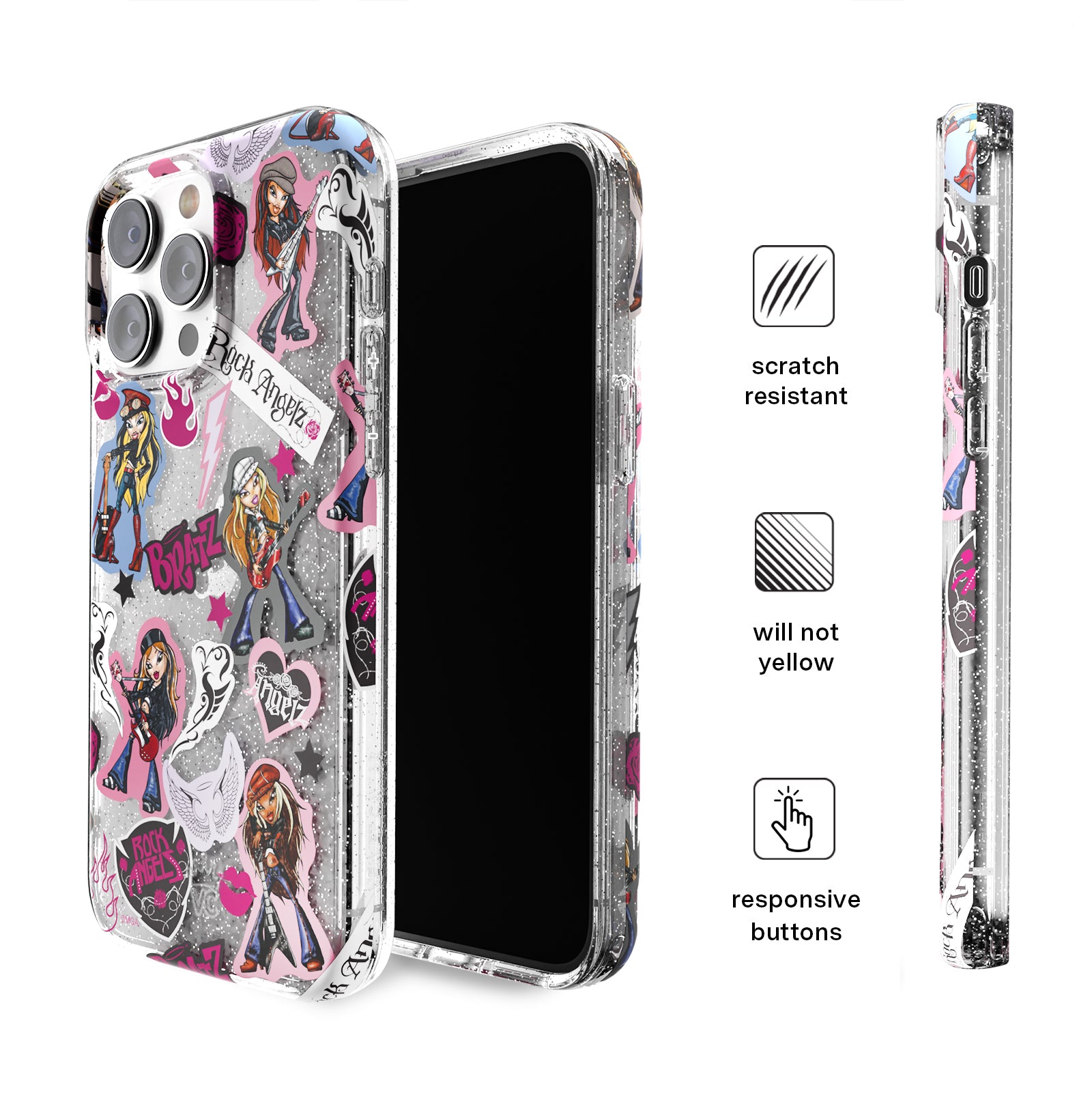 Bratz Rock Angelz Glitter iPhone Case - Stylish Protective Cover for iPhone 13/14/15 Pro Max - Trendy Sparkle Design for Girls & Teens - Perfect for School, Parties & Daily Use