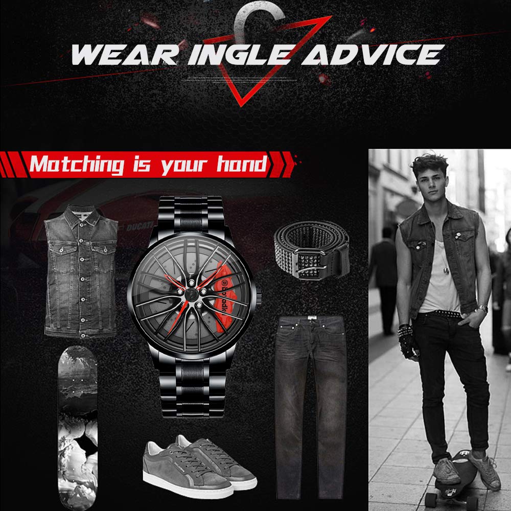 Stainless Steel Car Wheel Watch with Japanese Quartz Movement - Waterproof Sports Wristwatch for Men, Racing Enthusiasts | Perfect for Driving, Motorsports & Everyday Wear