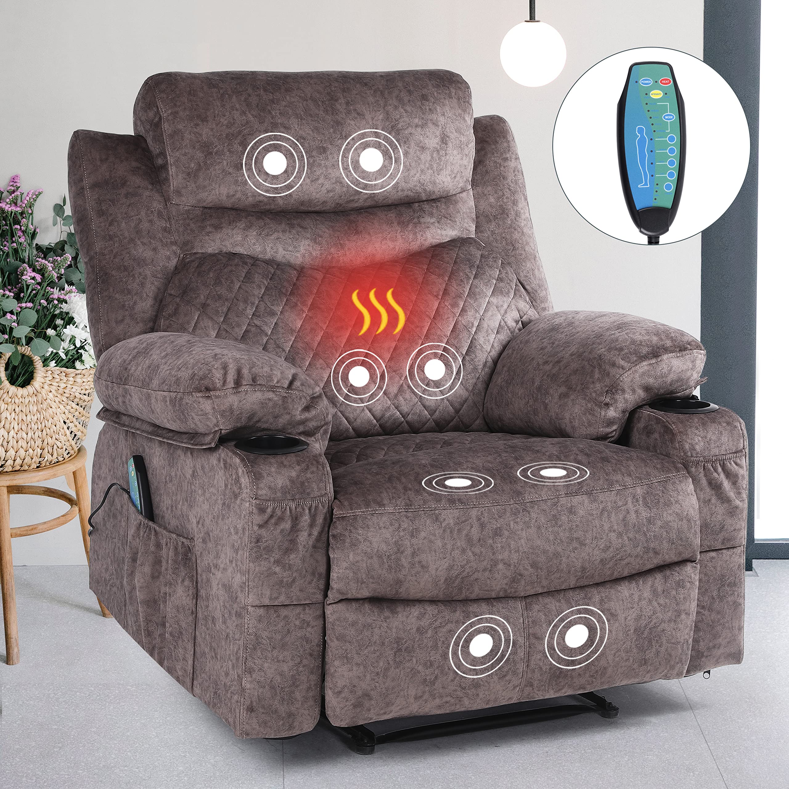 Premium Overstuffed Massage Recliner Chair with Heat & Manual Recline - Soft Fabric Theater Recliner with Cup Holders (Brown) - Perfect for Living Room, Home Theater & Relaxation