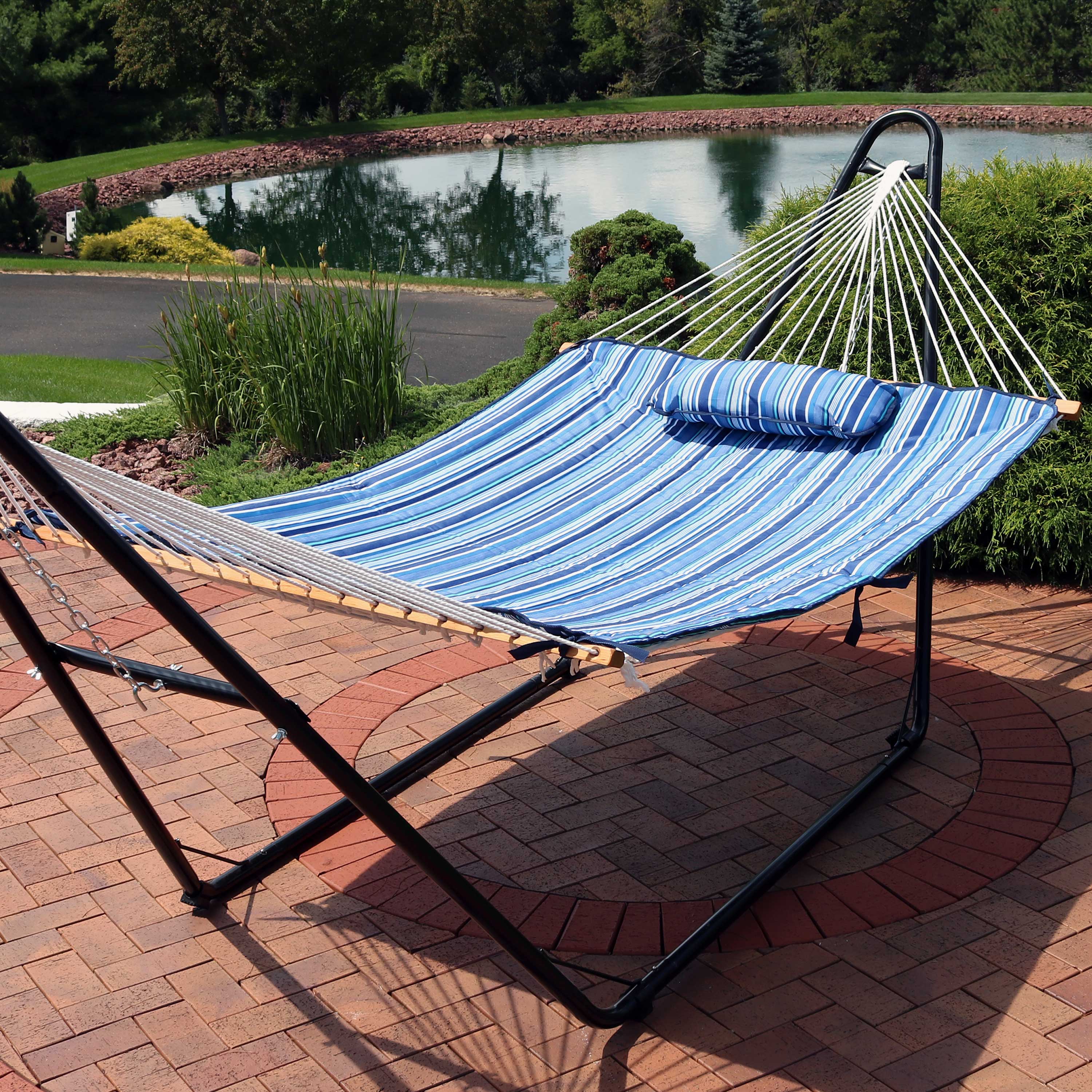 Sunnydaze Polyester Quilted Hammock Pad & Pillow Set - Waterproof Outdoor Cushion with Modern Breakwater Stripe Pattern for Patio, Poolside, Beach & Backyard Relaxation