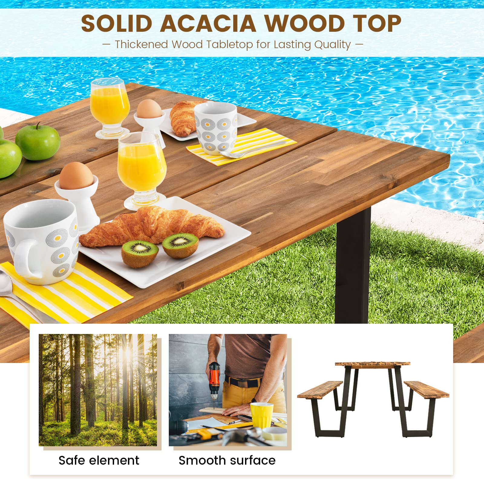 Tangkula 6-Person Acacia Wood Picnic Table Set with 2 Benches & Umbrella Hole - Weather-Resistant Outdoor Dining Table for Backyard, Garden, Patio, BBQ, Picnics & Parties - Steel Frame & Wood-Like Texture Tabletop