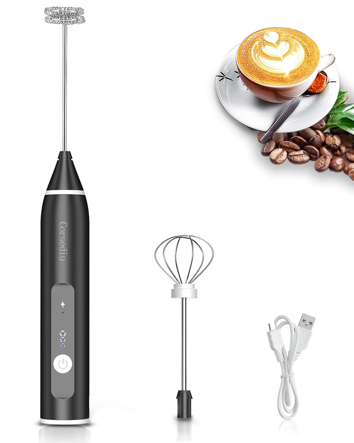 Electric Milk Frother Rechargeable - 3 Speed Handheld Frother with Stainless Steel Whisk for Coffee, Cappuccino, Matcha, Hot Chocolate & Milk Tea | Perfect for Home, Office & Cafe Use