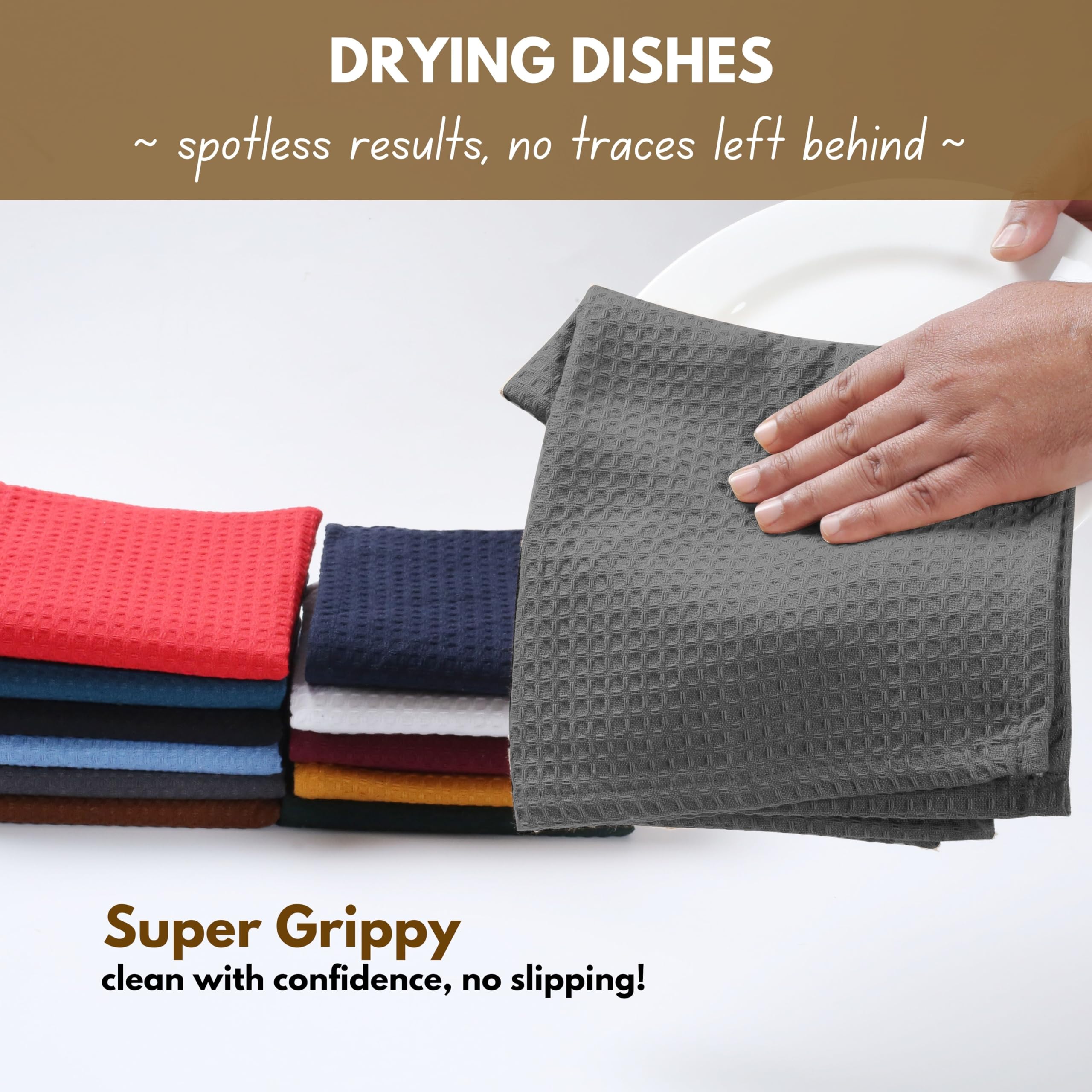 Premium Waffle Weave Kitchen Towels 16x26 Inches - 4-Pack Ultra Soft & Absorbent Cotton Dish Cloths for Cleaning, Drying Dishes & Countertops - Includes Hanging Loop - Perfect for Kitchen, Bar, Restaurant & Home Use (Grey)