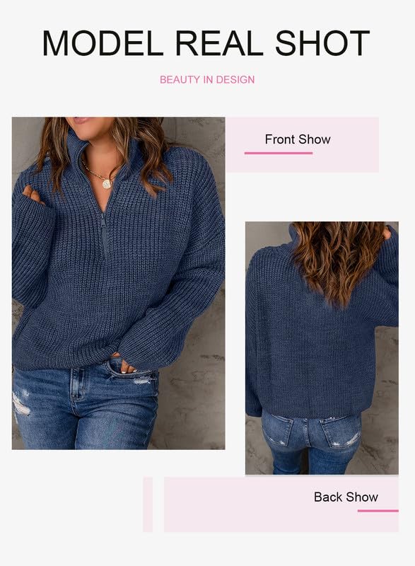 EVALESS Women's Waffle Knit Quarter Zip Pullover Sweater - Long Sleeve Business Casual Top for Office, Work & Fall Outfits