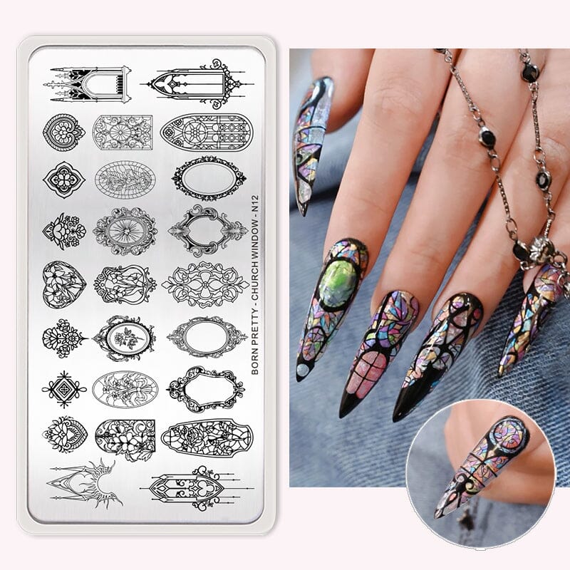 CHURCH WINDOW N12 Nail Art Stamping Plate - Floral Design for DIY Manicure at Home or Salon