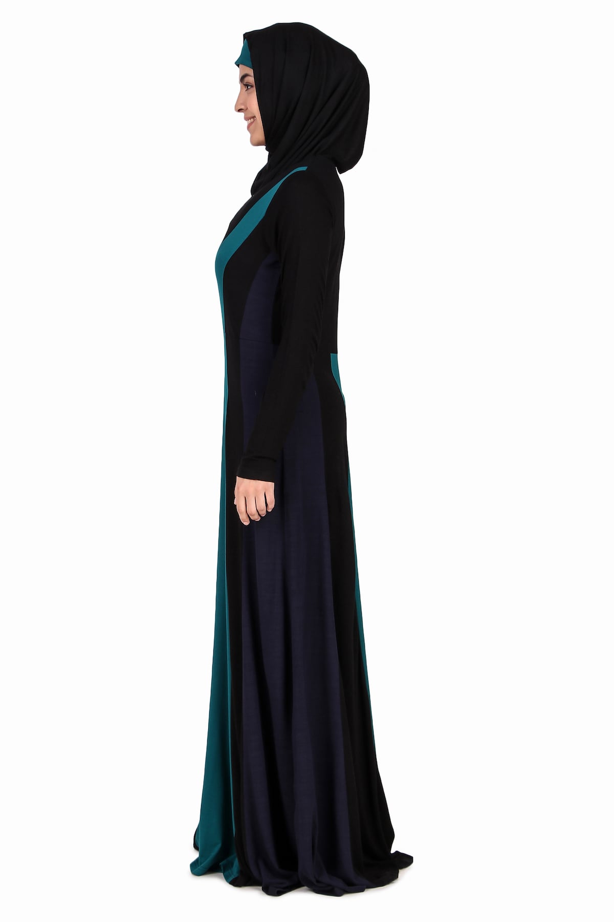 Colorblock Stripe Jersey Anarkali Abaya - Stylish Muslim Dress for Women, Elegant Long Sleeve Maxi Dress for Prayer, Eid, Wedding & Special Occasions