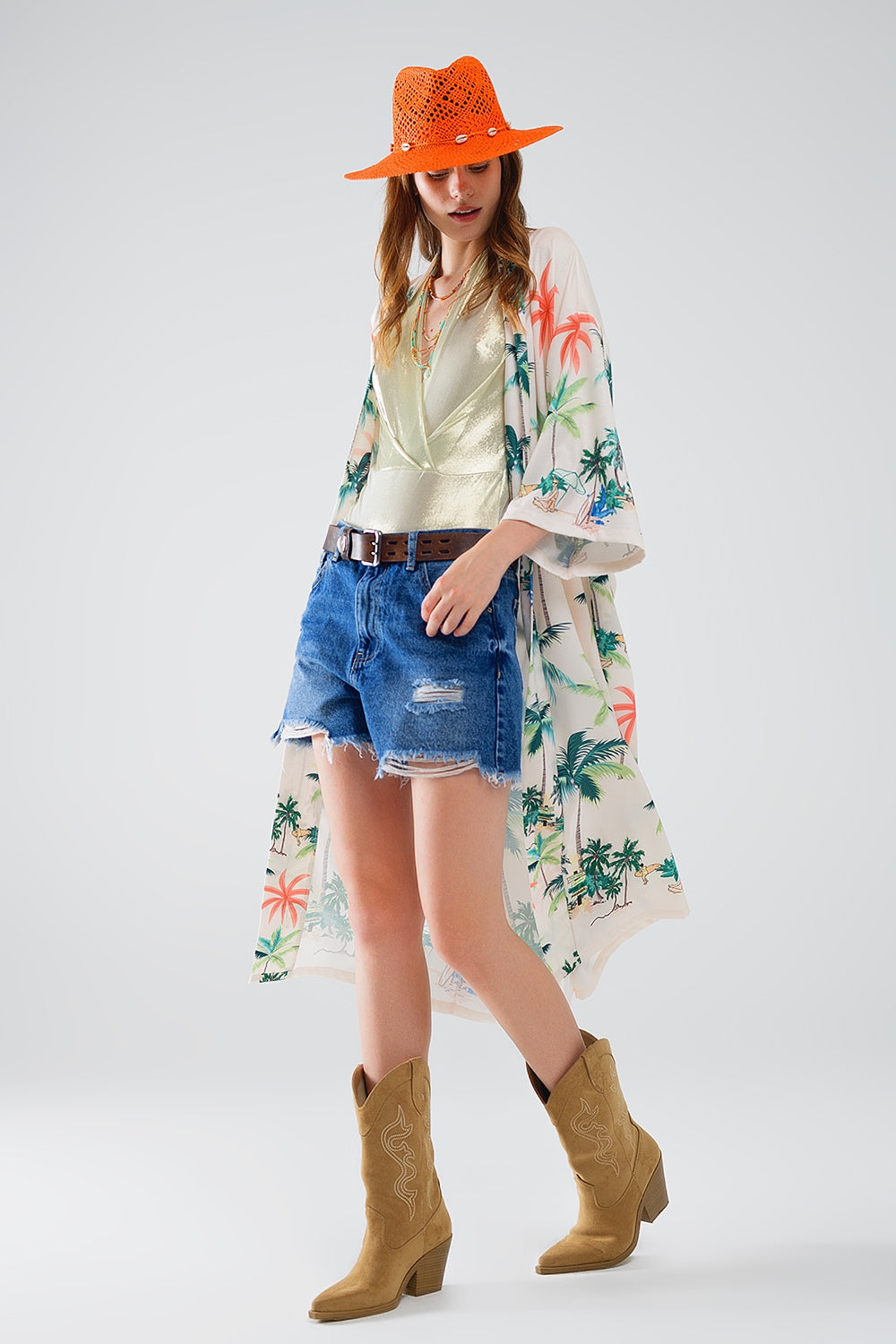 Cream Open Kimono with Beach Print - Mid-Length Boho Cover Up for Women | Perfect for Beach Vacations, Poolside Lounging & Summer Outfits