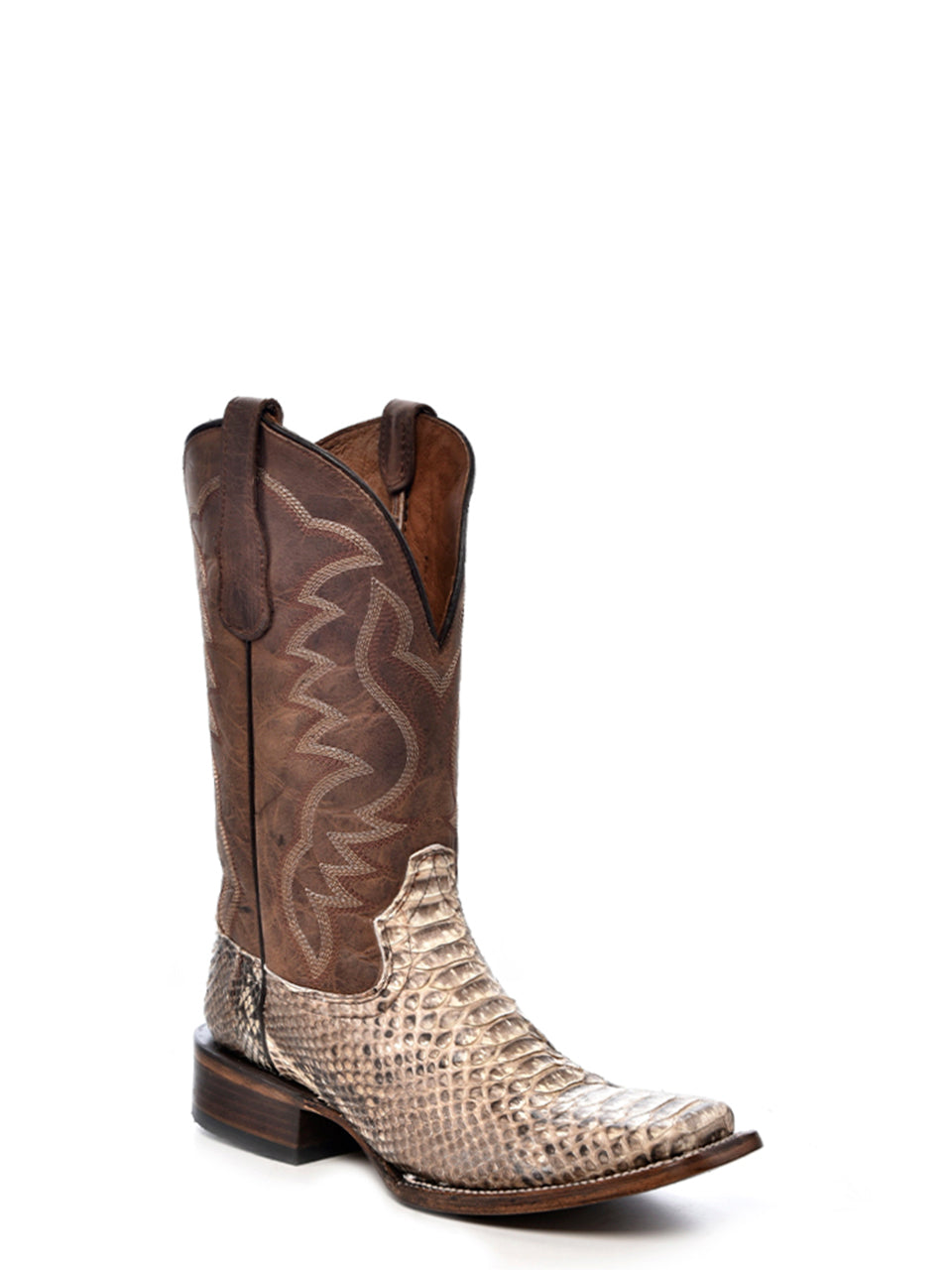 Men's Brown Square Toe Cowboy Boots with Embroidery & Natural Python Instep - Western Style, Riding, Country Fashion, Outdoor Events