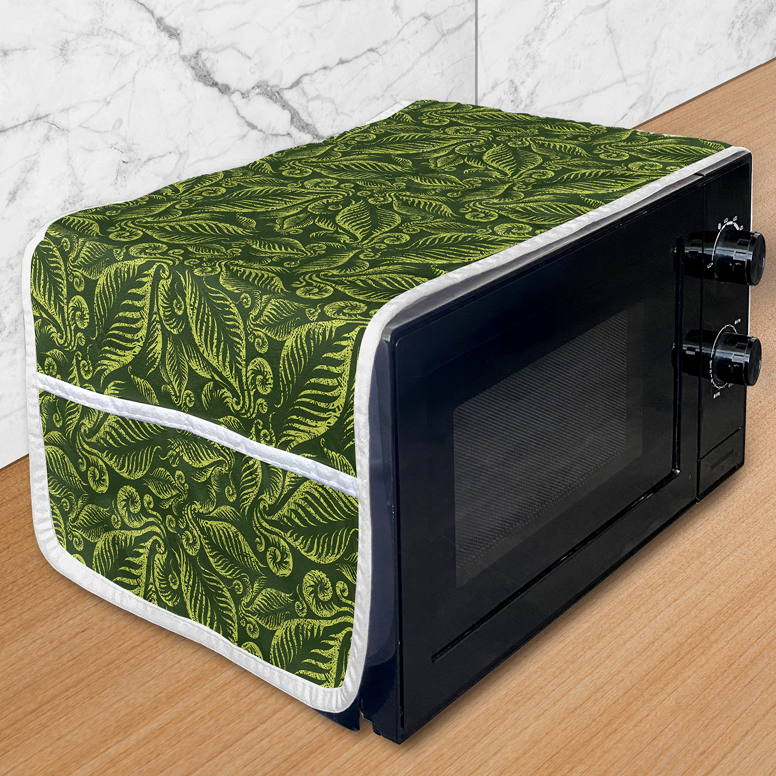 Lunarable Hunter Green Microwave Oven Cover - Baroque Damask Floral Pattern with Swirled Leaves & Branches Retro Design - Waterproof Kitchen Organizer with Pockets (36