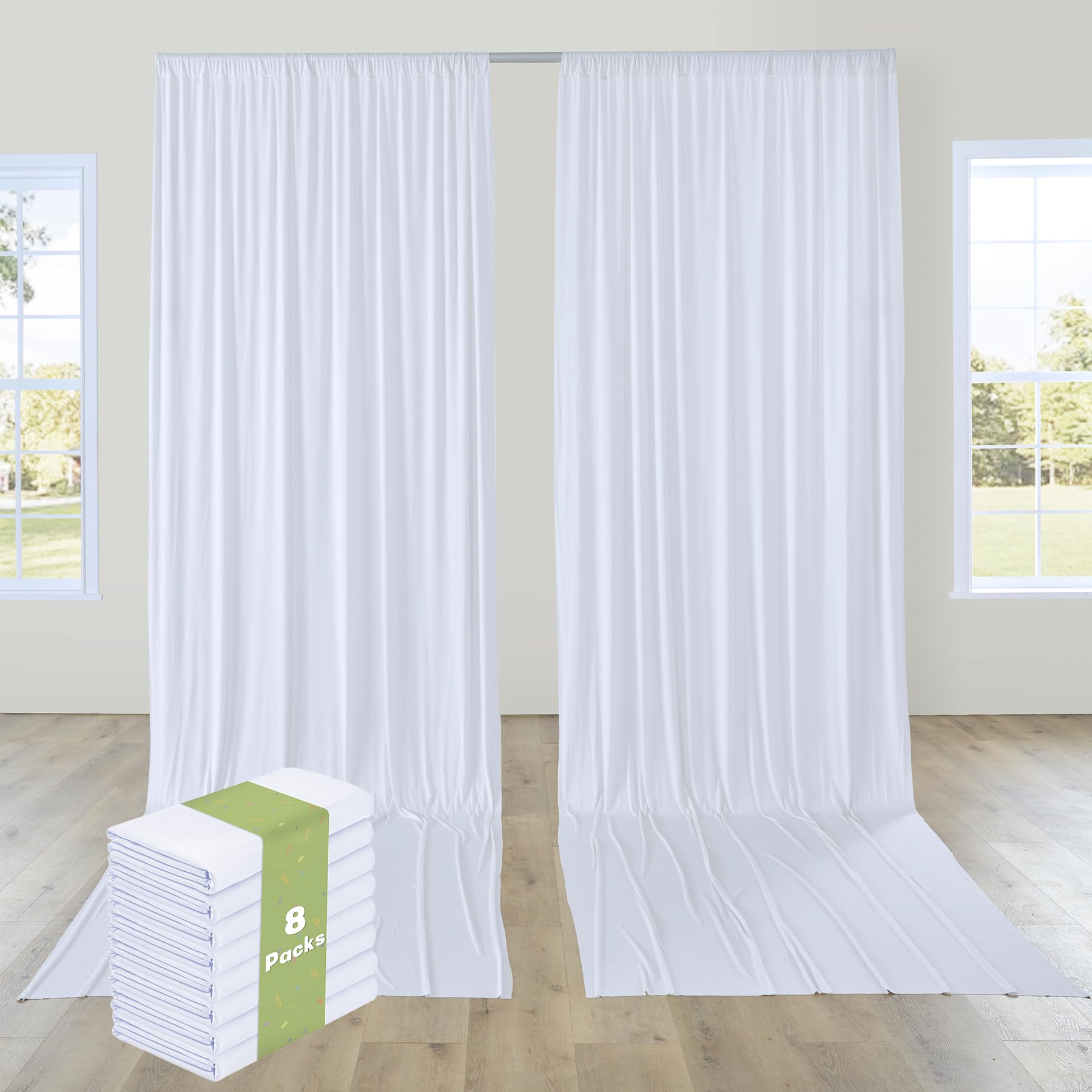40ft x 15ft White Polyester Photo Backdrop Curtain - Wrinkle Free Wedding & Birthday Party Drapes - 8 Panel Photography Background Cloth for Events, Studio Shoots, and Stage Decorations