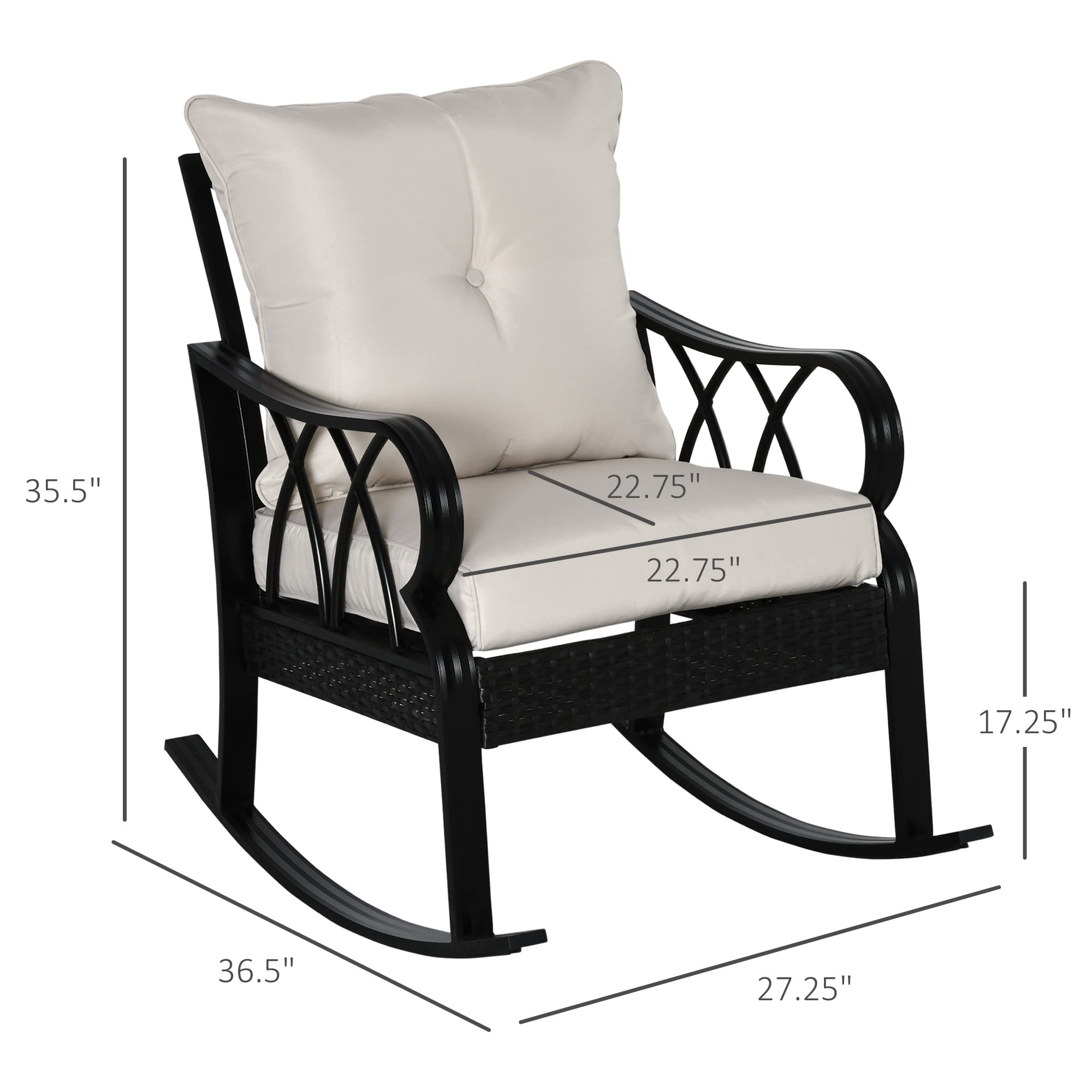 Outsunny Outdoor Wicker Rocking Chair with Padded Cushions - Aluminum Frame Rattan Porch Rocker with Armrests for Patio, Garden & Backyard - Comfortable Khaki Lounge Chair for Relaxing, Reading & Sunbathing