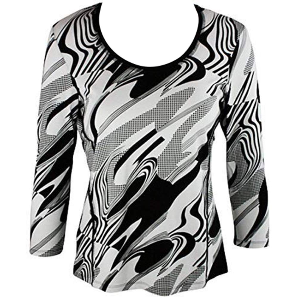 Lior Paris Women's Swish Geometric Pattern Black & White Scoop Neck Top - Trendy Casual Blouse for Work, Party & Everyday Wear