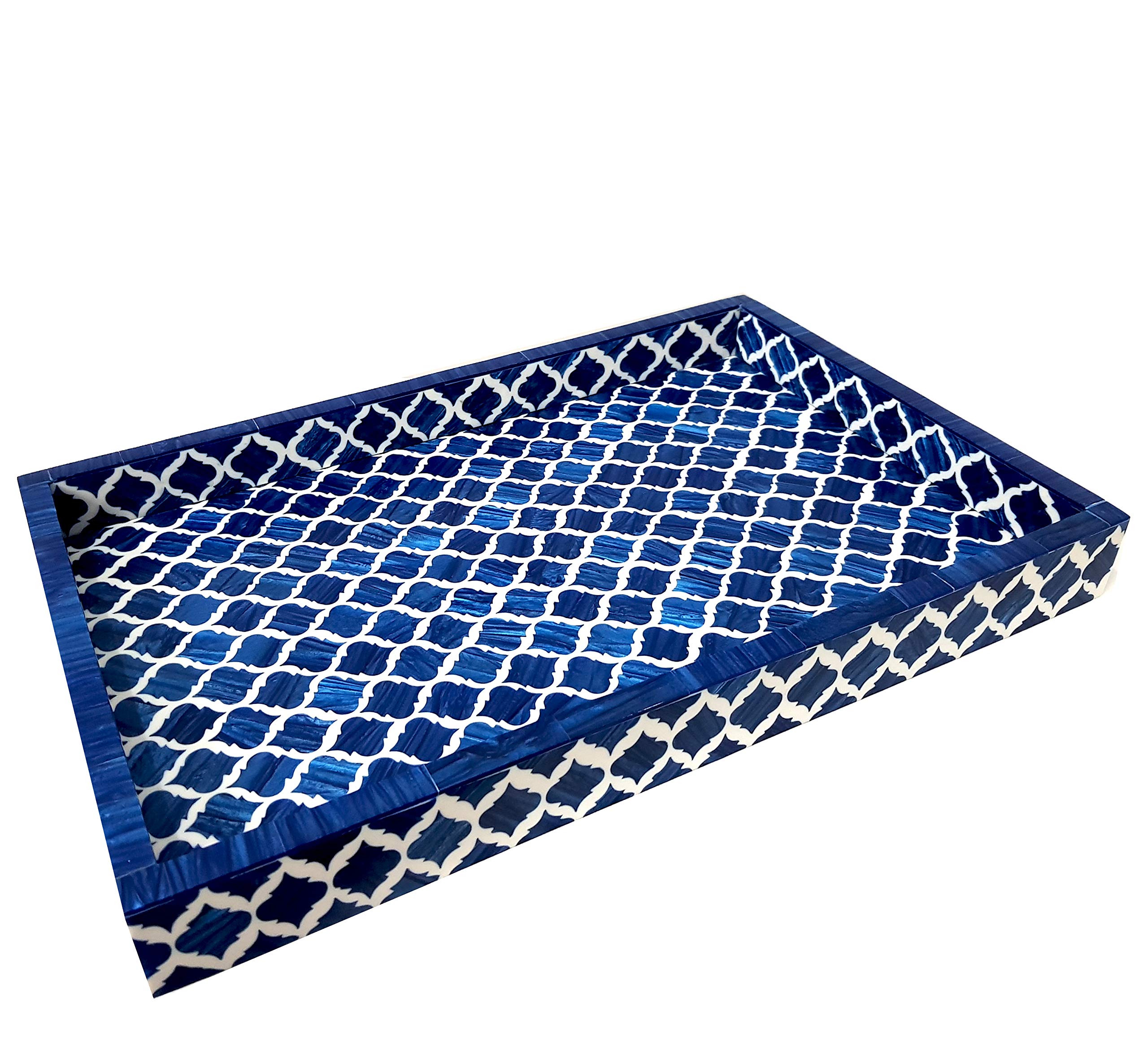 Handcrafted Blue & White Moorish Moroccan Bone Inlay Serving Tray - Multipurpose Decorative Tray for Breakfast, Tea, Coffee & Snacks - Perfect for Home Decor, Dining, and Gift Giving