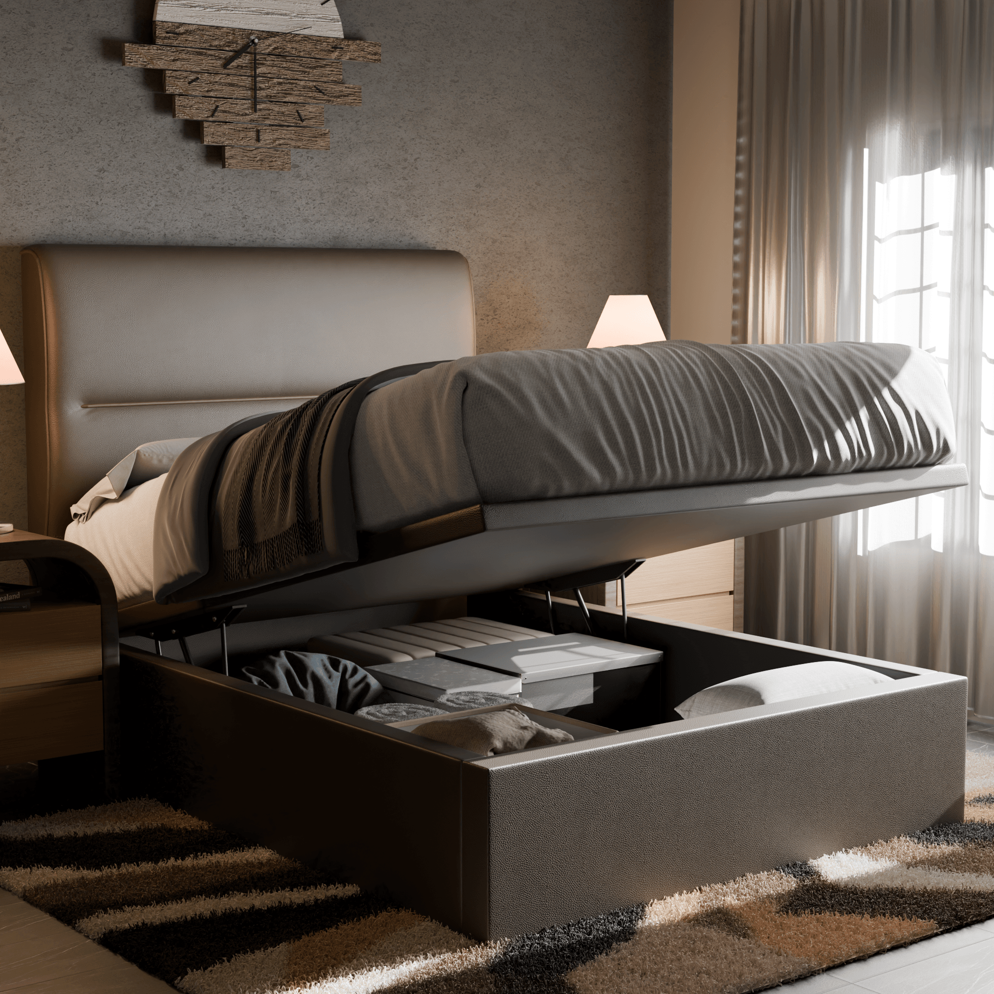 Emilia Faux Leather Upholstered Storage Bed Frame with Underbed Drawers - Queen Size Platform Bed with Headboard for Modern Bedroom, Guest Room or Small Space