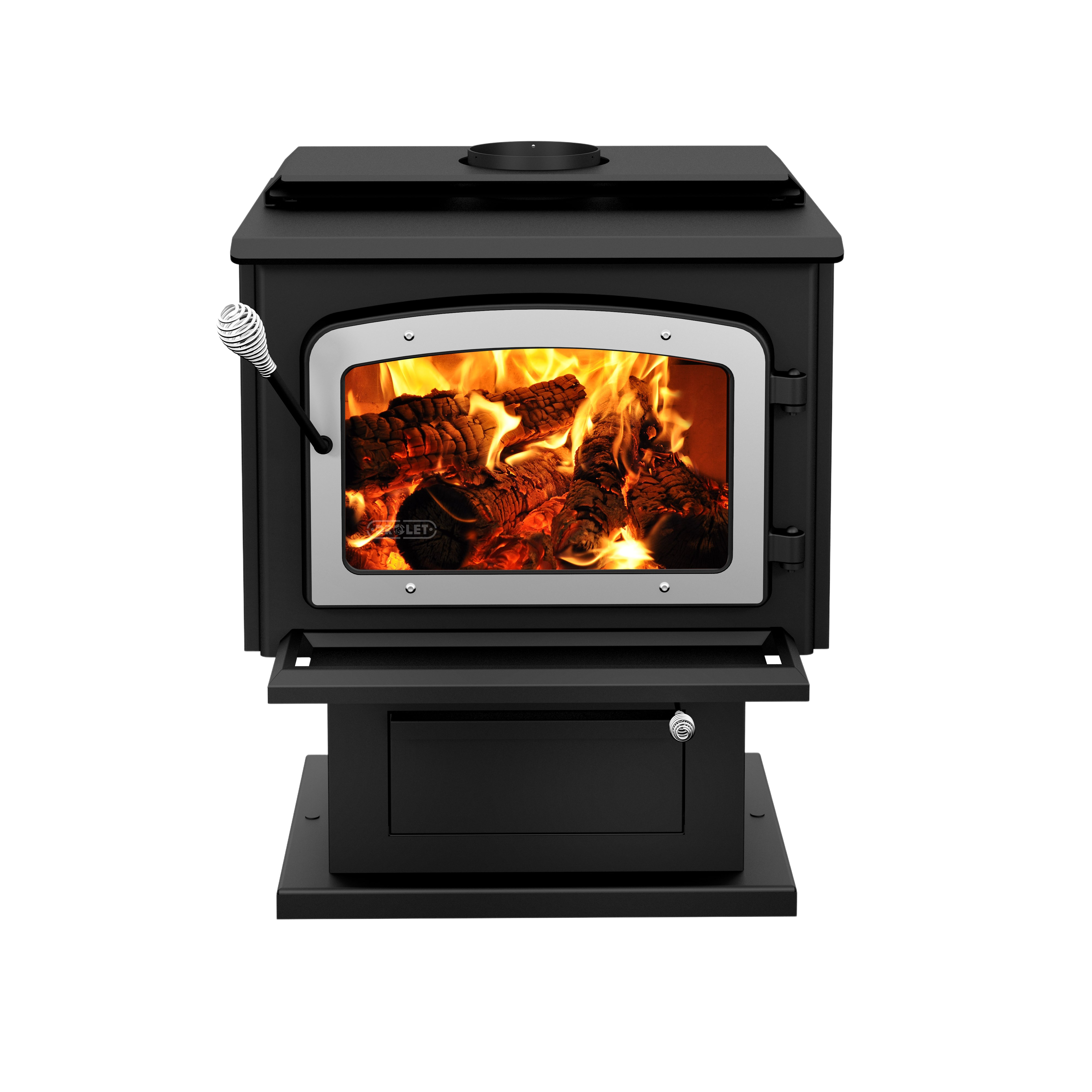 Drolet Escape 1800 Wood Stove - 2,100 Sq. Ft. Heating Capacity with Brushed Nickel Door & Pedestal Base | Perfect for Cabins, Homes & Outdoor Living Spaces