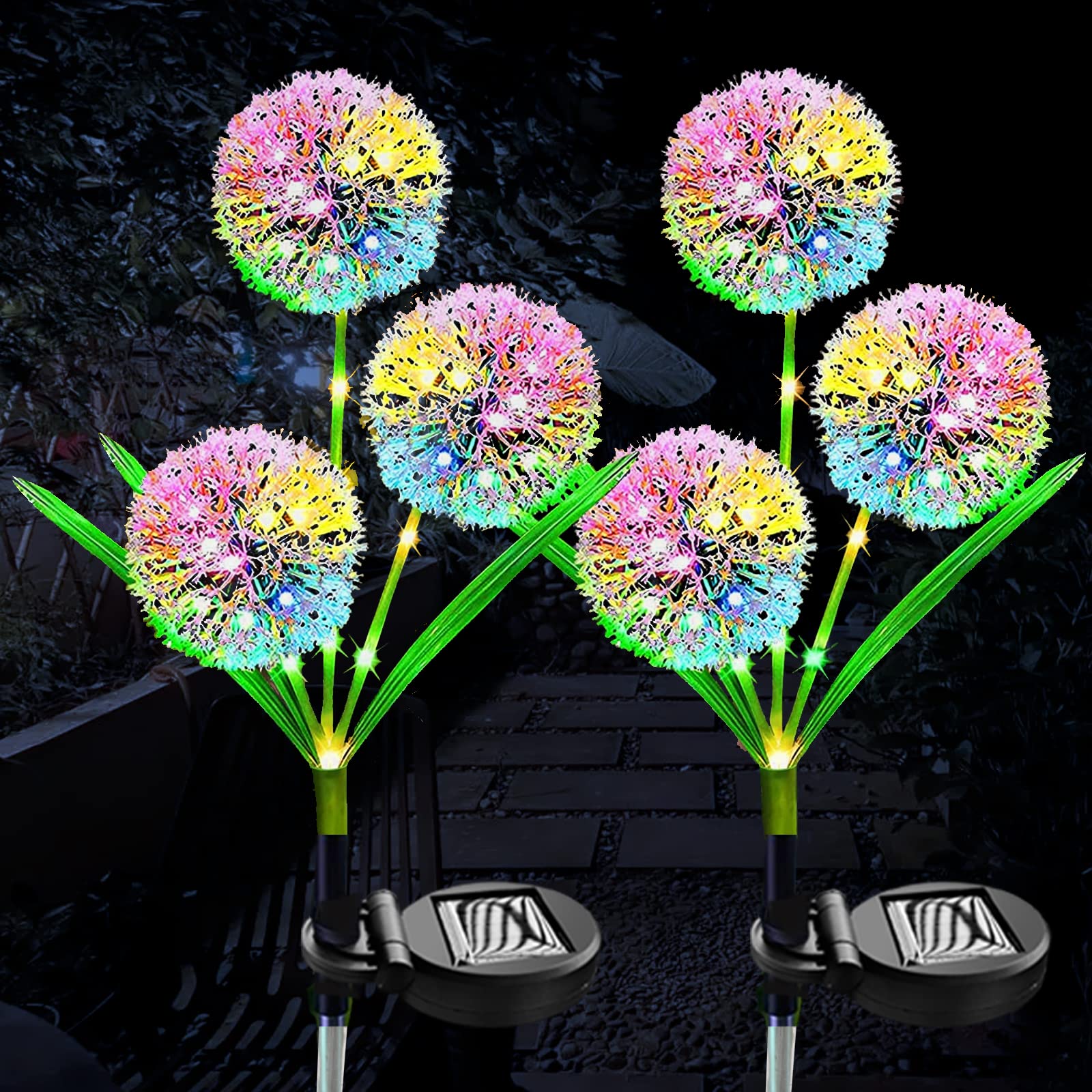 2 Pack Upgraded 36 LED Solar Dandelion Lights - IP65 Waterproof Outdoor Garden Decor with Colorful Fiber Optics for Yard, Lawn, Pathway & Wedding Decorations | Solar Powered Landscape Lighting for Patio, Backyard & Special Events