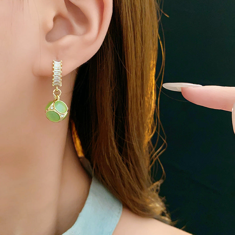 Vintage Cat Eye Stone Ball Hoop Earrings for Women - Elegant Gold/Silver Dangle Earrings | Perfect for Parties, Weddings & Everyday Wear | A7573