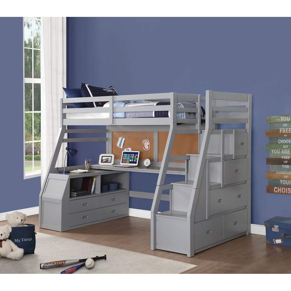 Jason II Wooden Twin Loft Bed Frame with Study Desk - Built-in 5-Drawer Ladder & Storage Chest (4 Drawers + 2 Open Shelves) - Full Length Safety Guardrail (Gray) - Perfect for Kids' Bedroom, Dorm Room & Small Space Organization