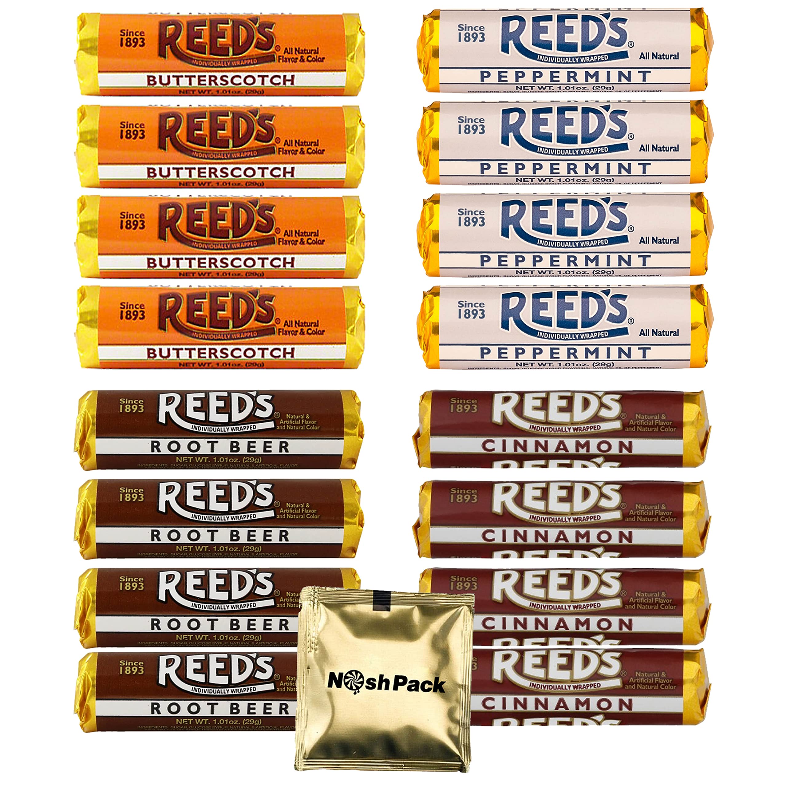 NOSH PACK Reeds Hard Candy Variety Pack - 16 Individually Wrapped Rolls with Peppermint, Cinnamon, Root Beer & Butterscotch Flavors | Bulk Candy for Office Snacks, Party Favors & Gift Baskets