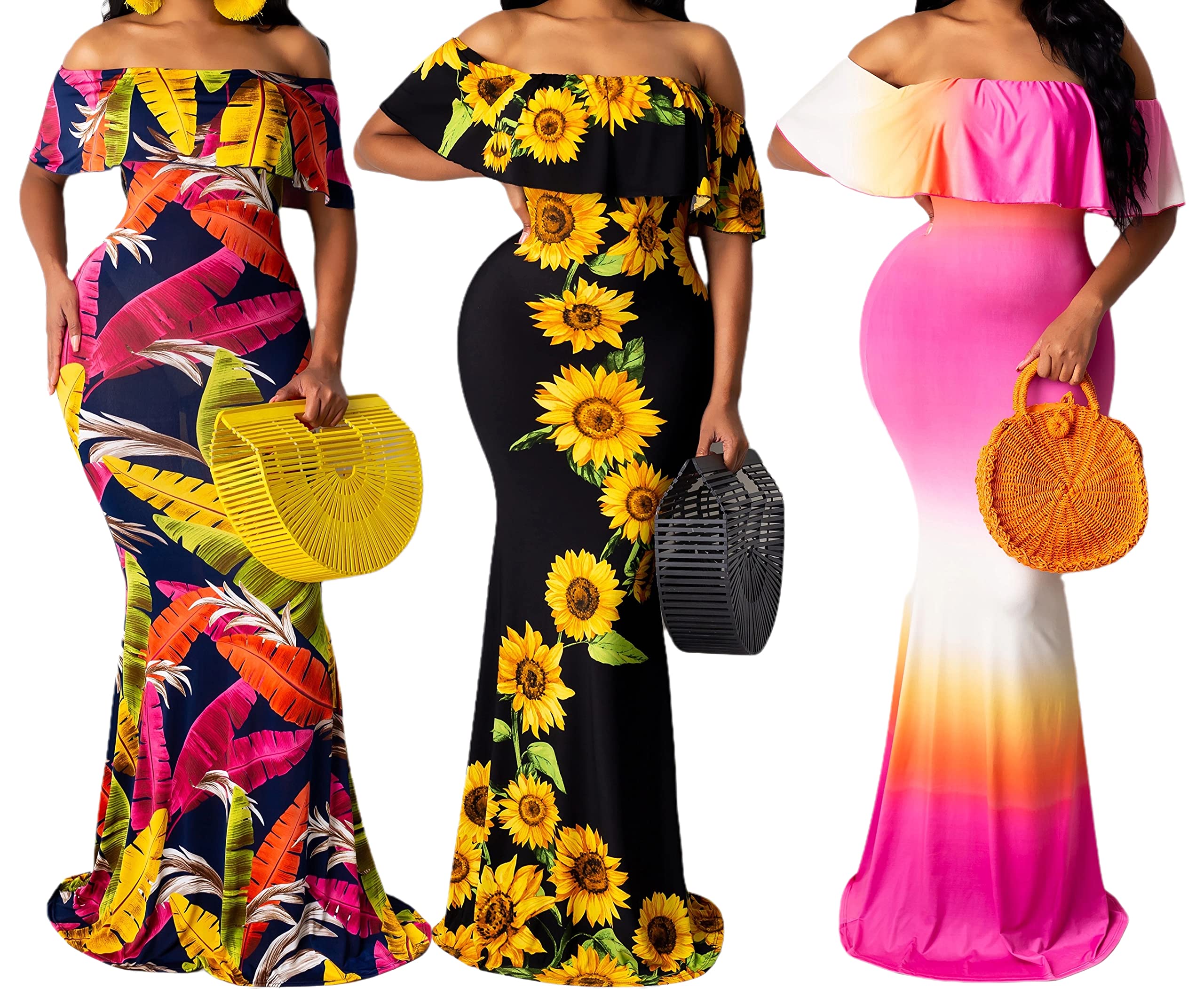 Sexy Floral Off Shoulder Maxi Dress for Women - Summer Ruffle Long Dress for Evening Party & Beach Vacation - Perfect for Weddings, Date Nights & Tropical Getaways