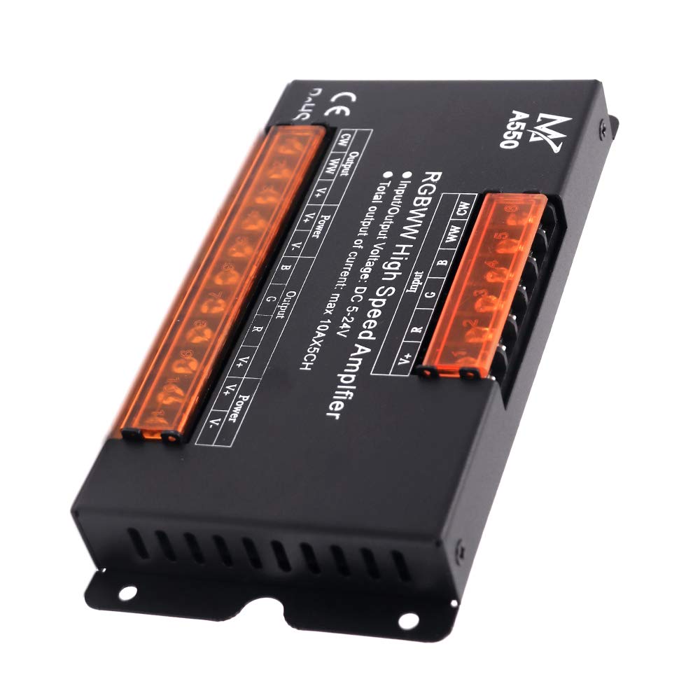 XUNATA RGBWW High Speed Power Amplifier - 50A Signal Repeater for 5050 LED Strips (5 Channels, DC 5V/12V/24V) - Perfect for Home Theater Lighting, Gaming Setup, and Architectural LED Projects